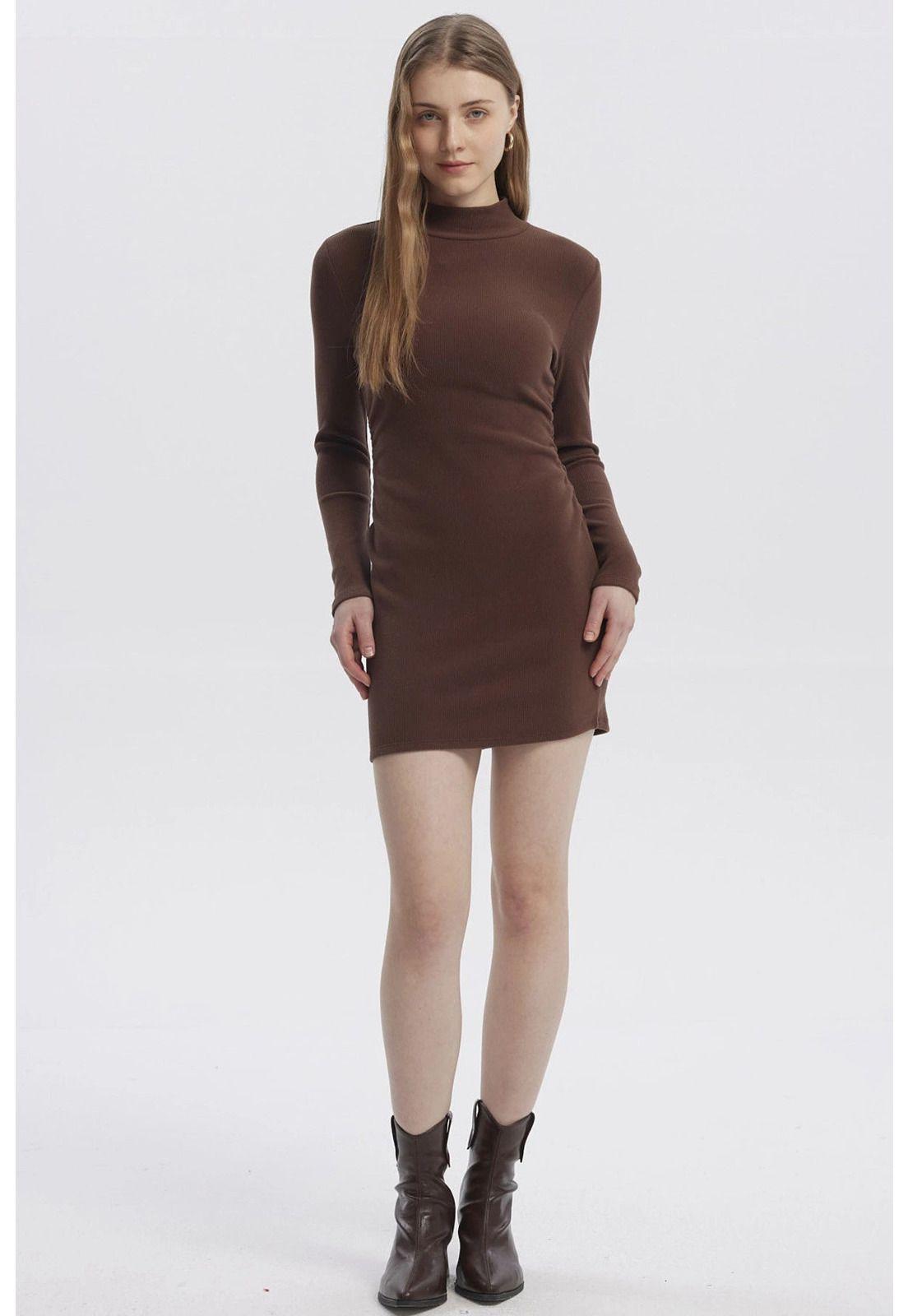 Vestido Mujer Cuello Alto Tejido Café Oscuro-0