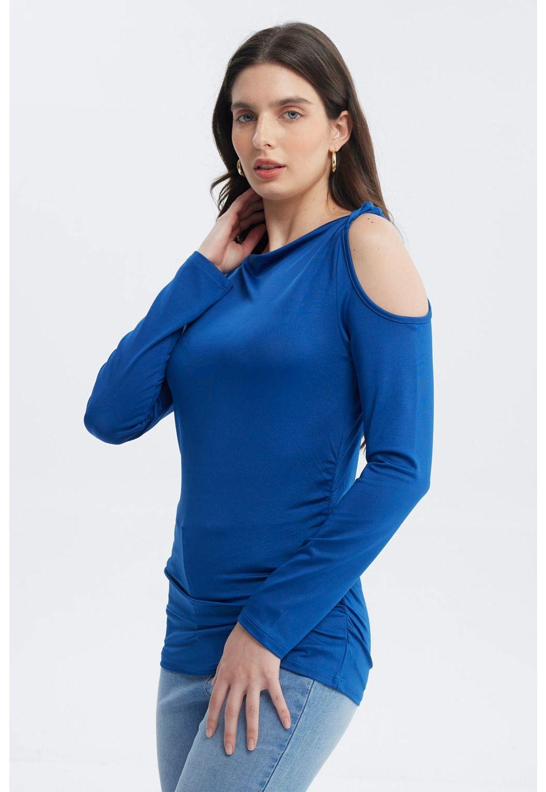 Polera Mujer Aplicación Nudo Hombro Azul-1