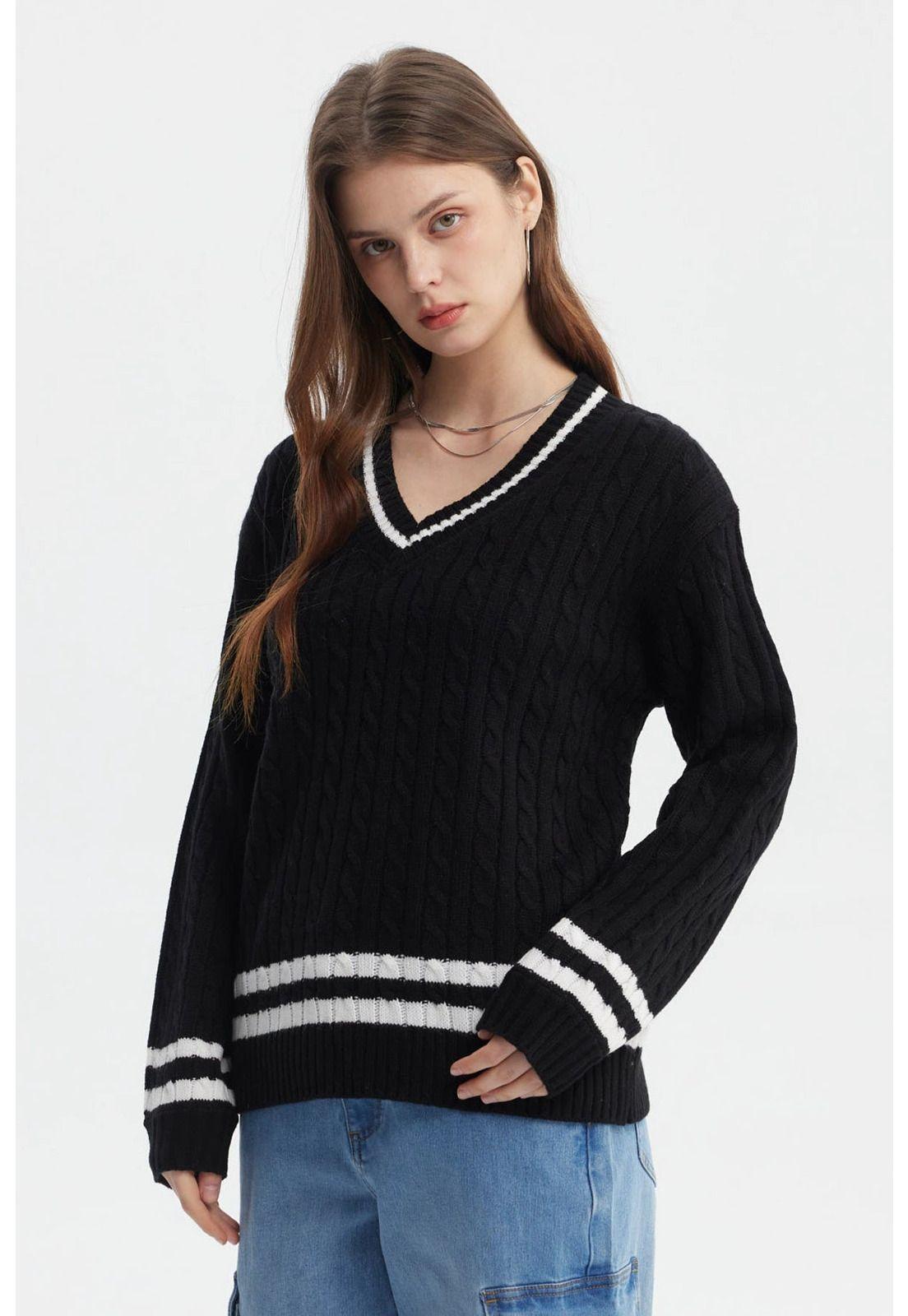 Sweater Mujer Cuello V Rayas Negro-1