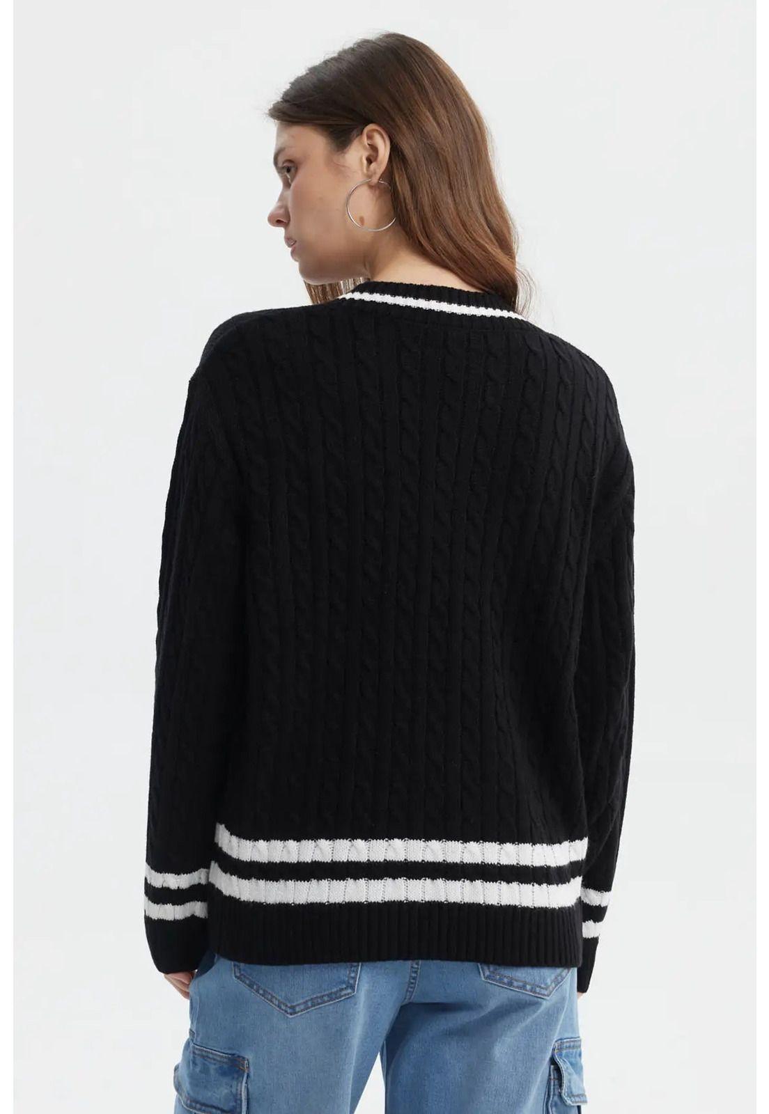 Sweater Mujer Cuello V Rayas Negro-2
