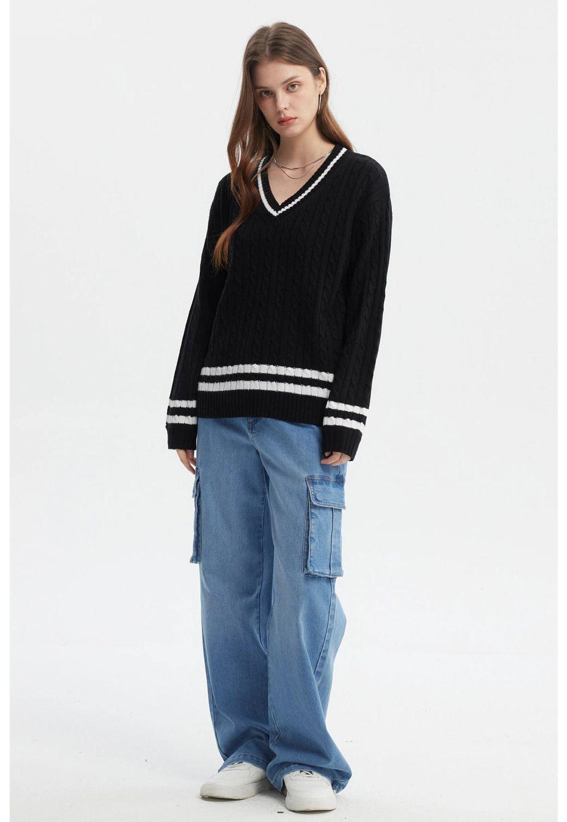 Sweater Mujer Cuello V Rayas Negro-3