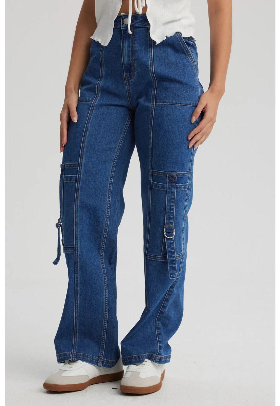 Jeans Mujer Calce Recto Cargo Amarra Azul-0