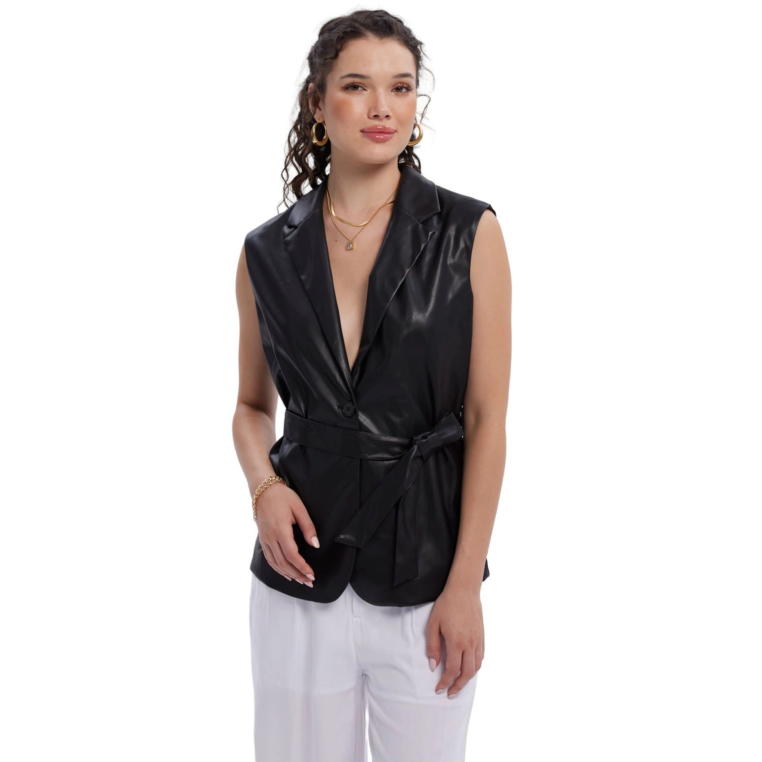 Chaqueta Mujer Efecto Cuero Lisa Negro-0