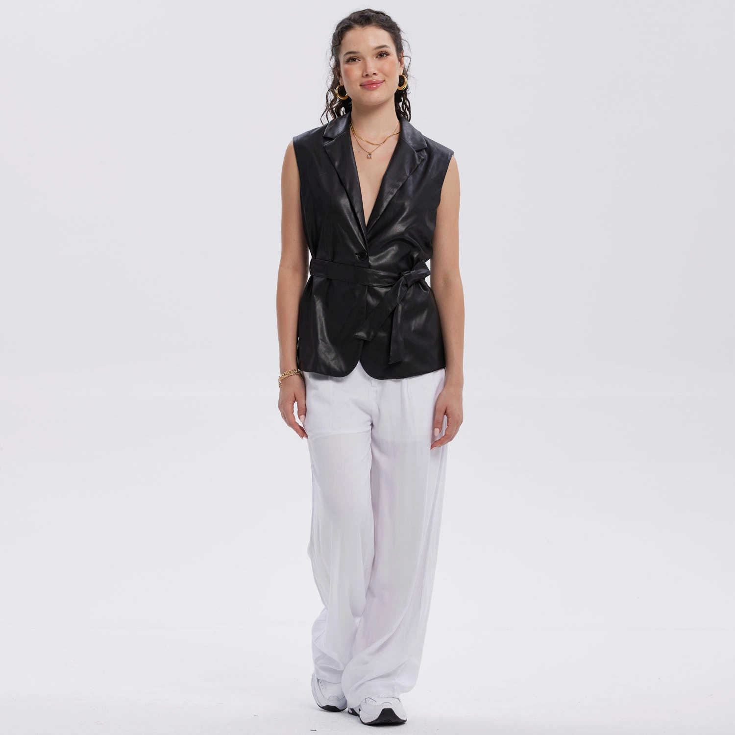 Chaqueta Mujer Efecto Cuero Lisa Negro-1