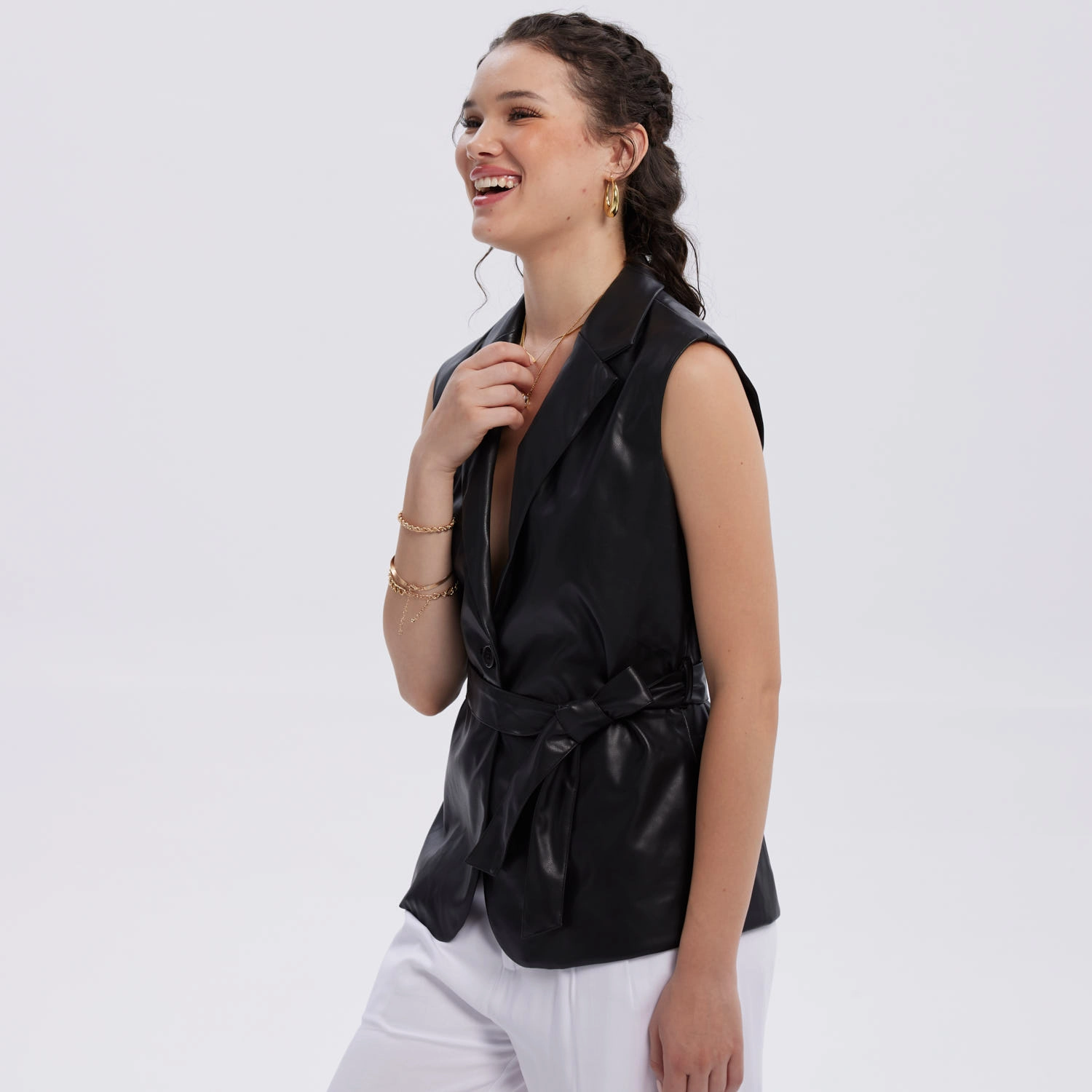 Chaqueta Mujer Efecto Cuero Lisa Negro-2