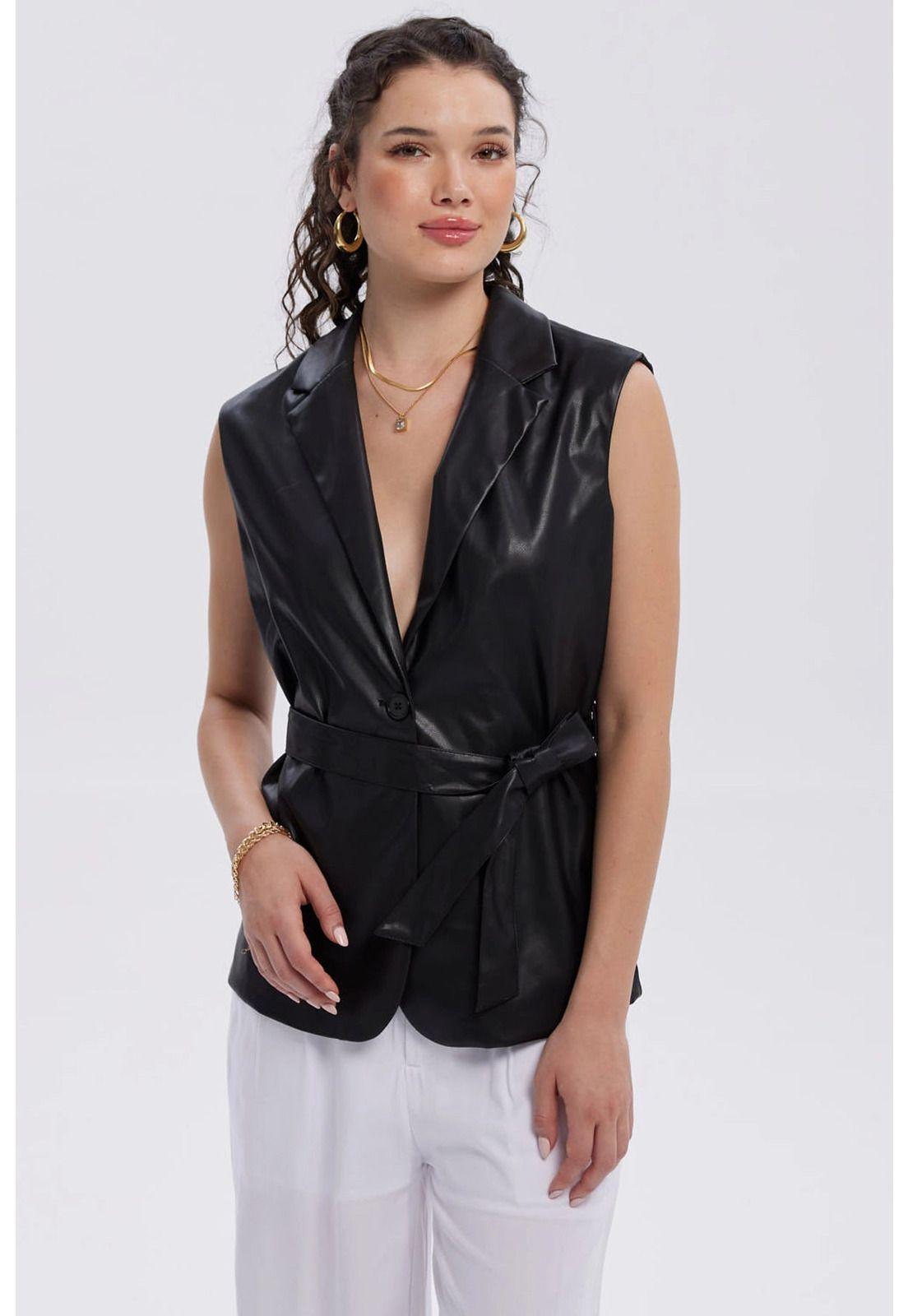 Chaqueta Mujer Efecto Cuero Lisa Negro-0