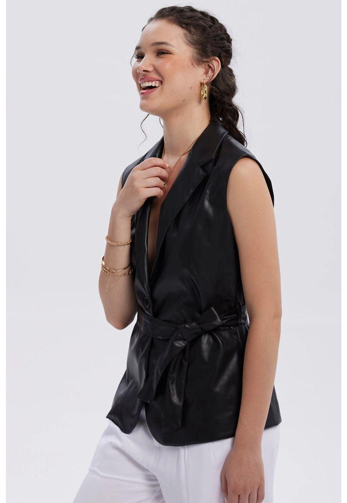 Chaqueta Mujer Efecto Cuero Lisa Negro-1
