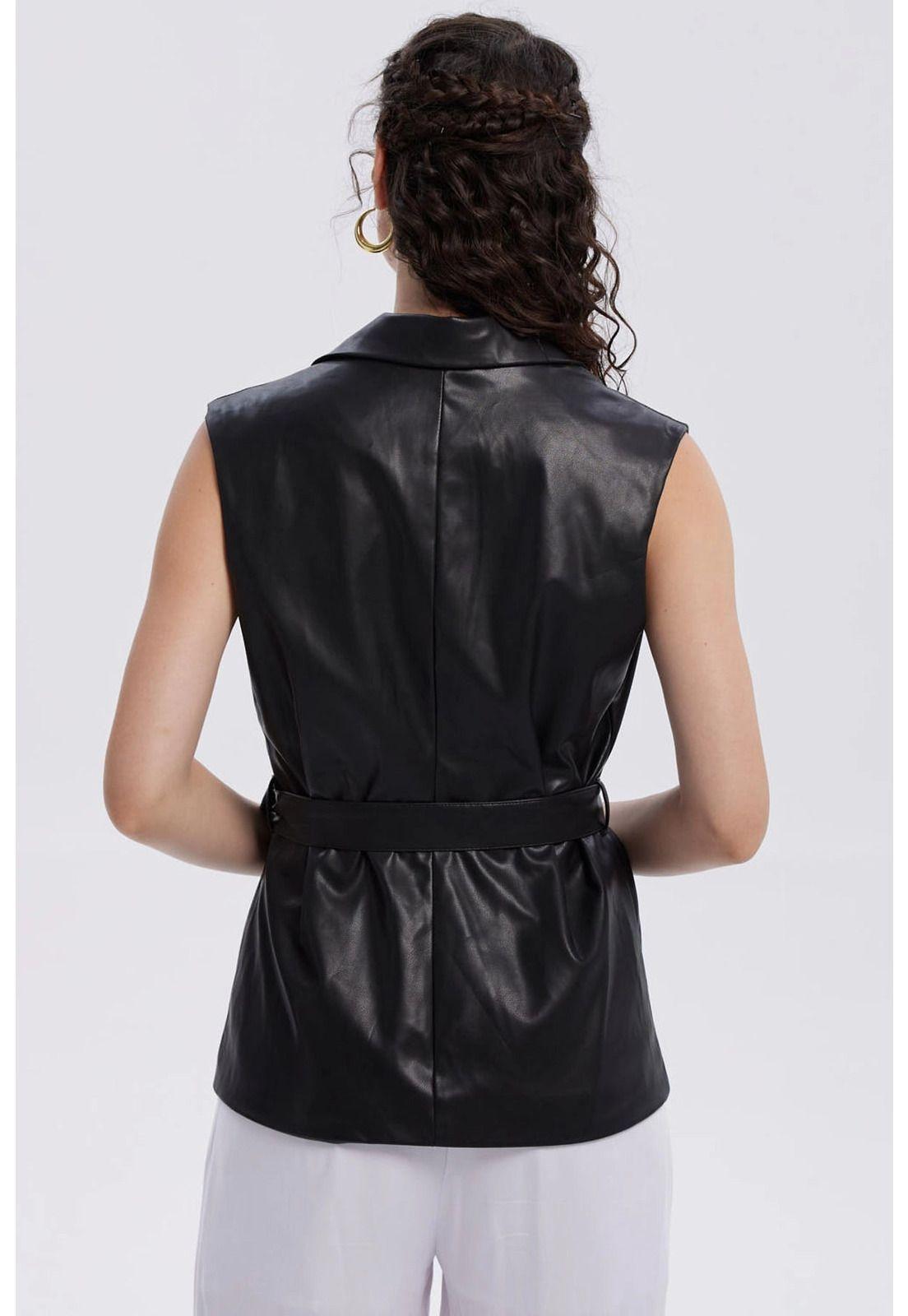 Chaqueta Mujer Efecto Cuero Lisa Negro-2