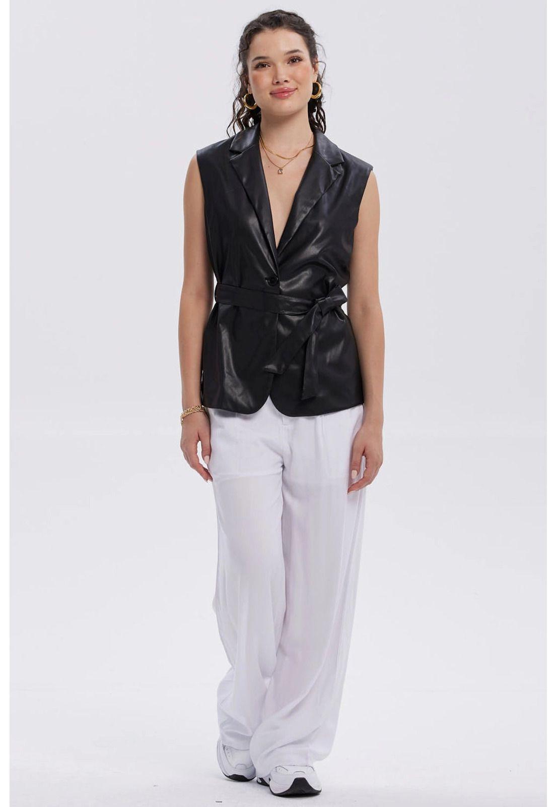 Chaqueta Mujer Efecto Cuero Lisa Negro-3