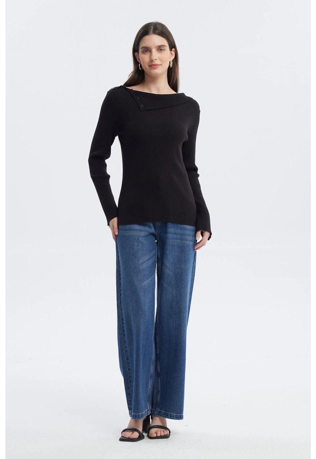 Sweater Mujer Asimétrico Botones Negro-3