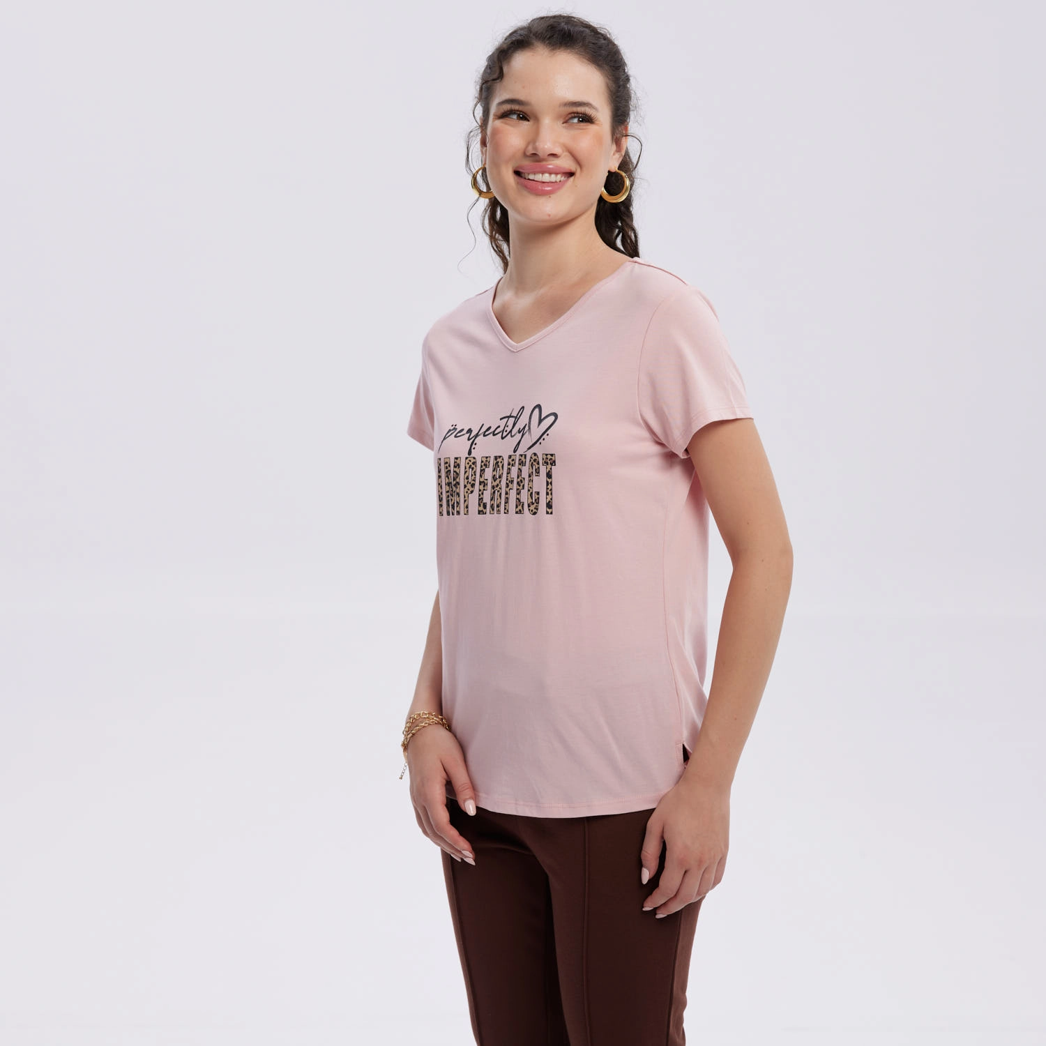 Polera Mujer Print Aplicación Folia Palo Rosa-1