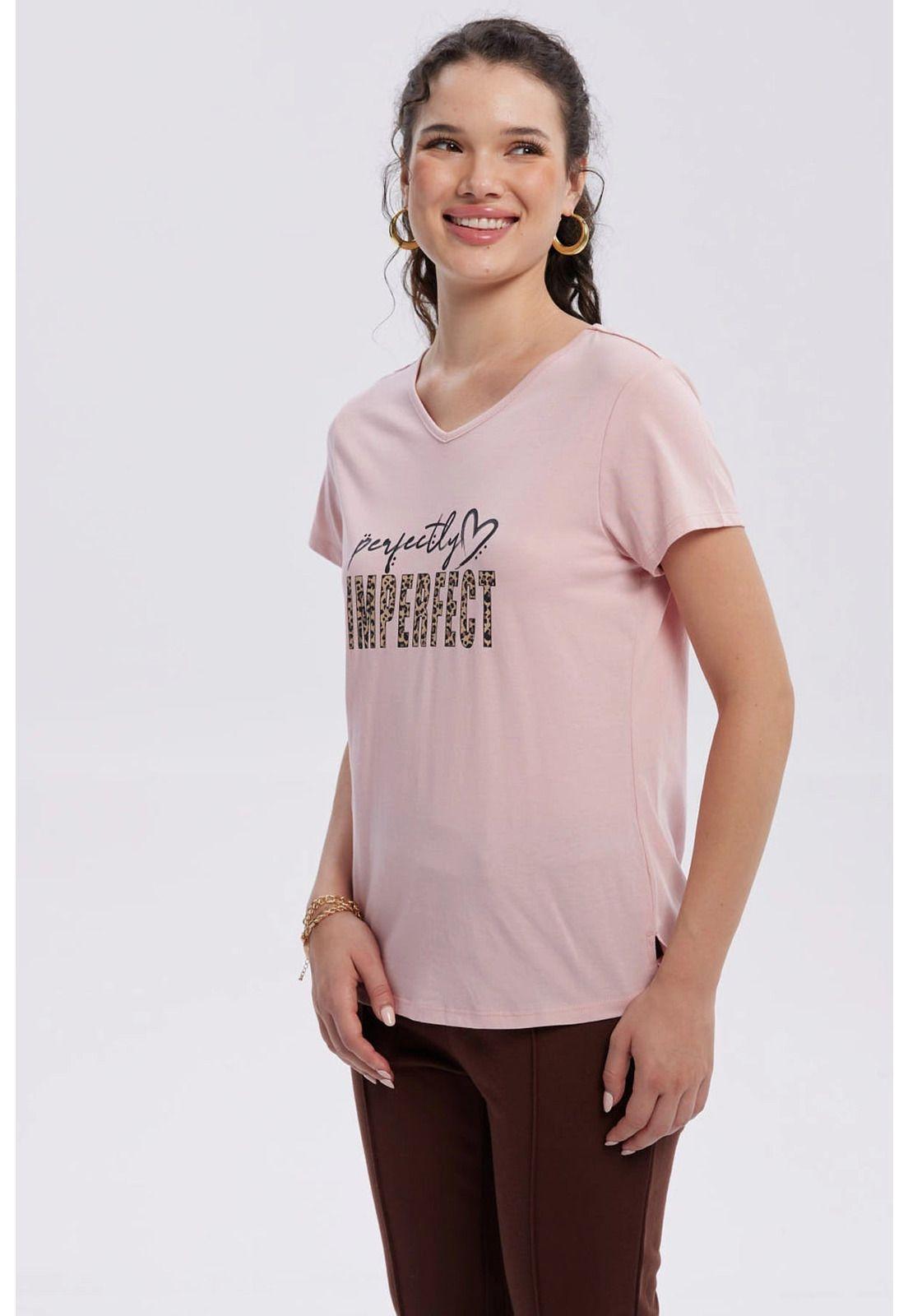 Polera Mujer Print Aplicación Folia Palo Rosa-1