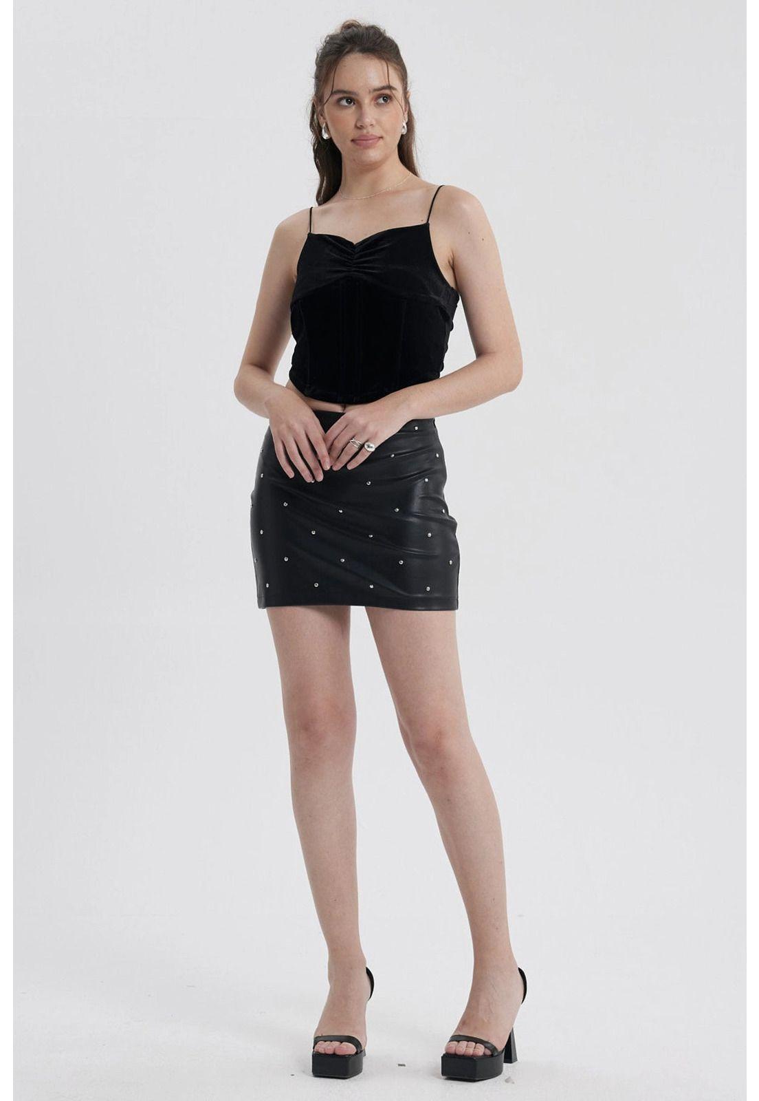 Falda Mujer Pu Con Strass Negro-3