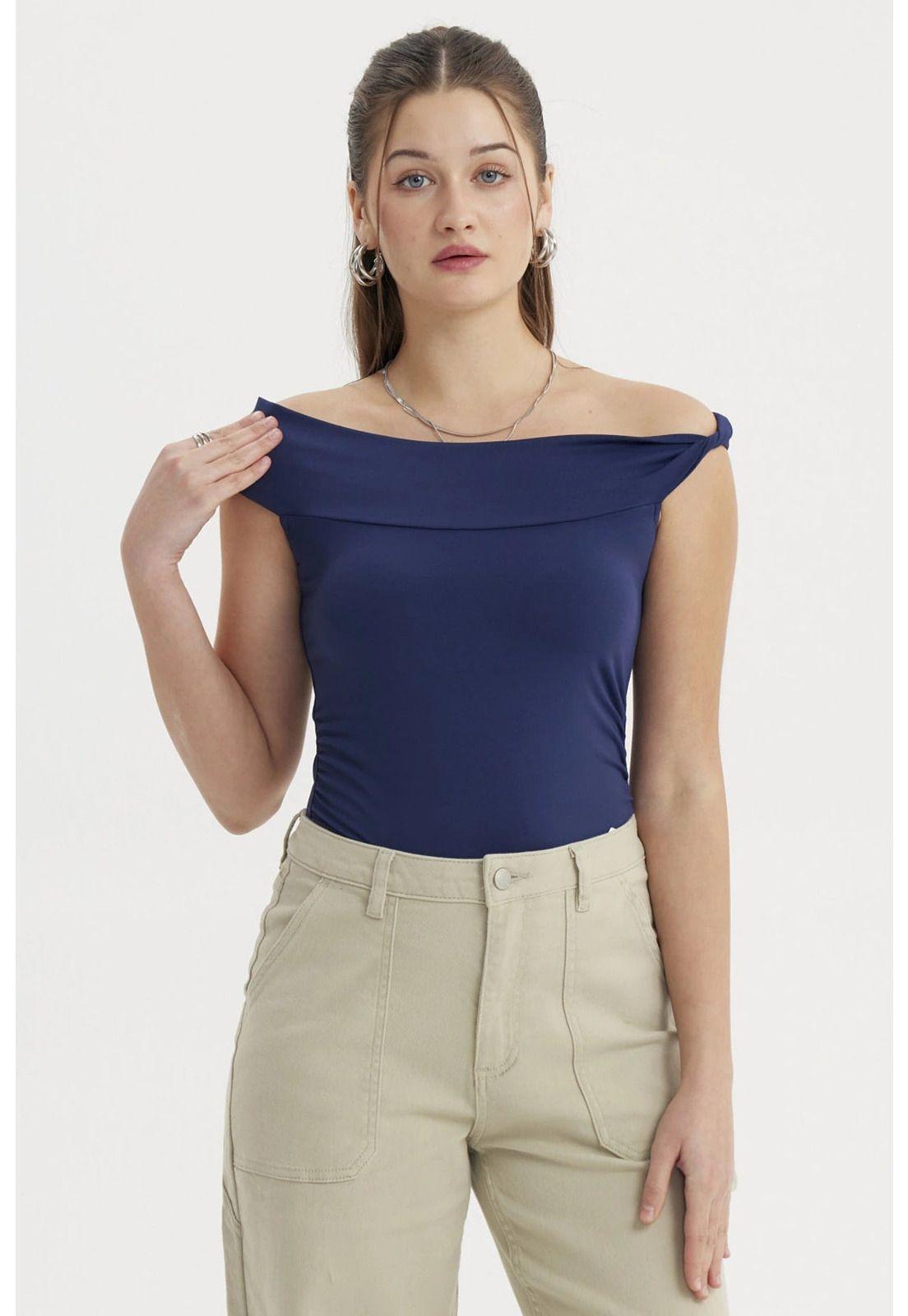 Polera Mujer Bardot Aplicación Nudo Azul Oscuro-0