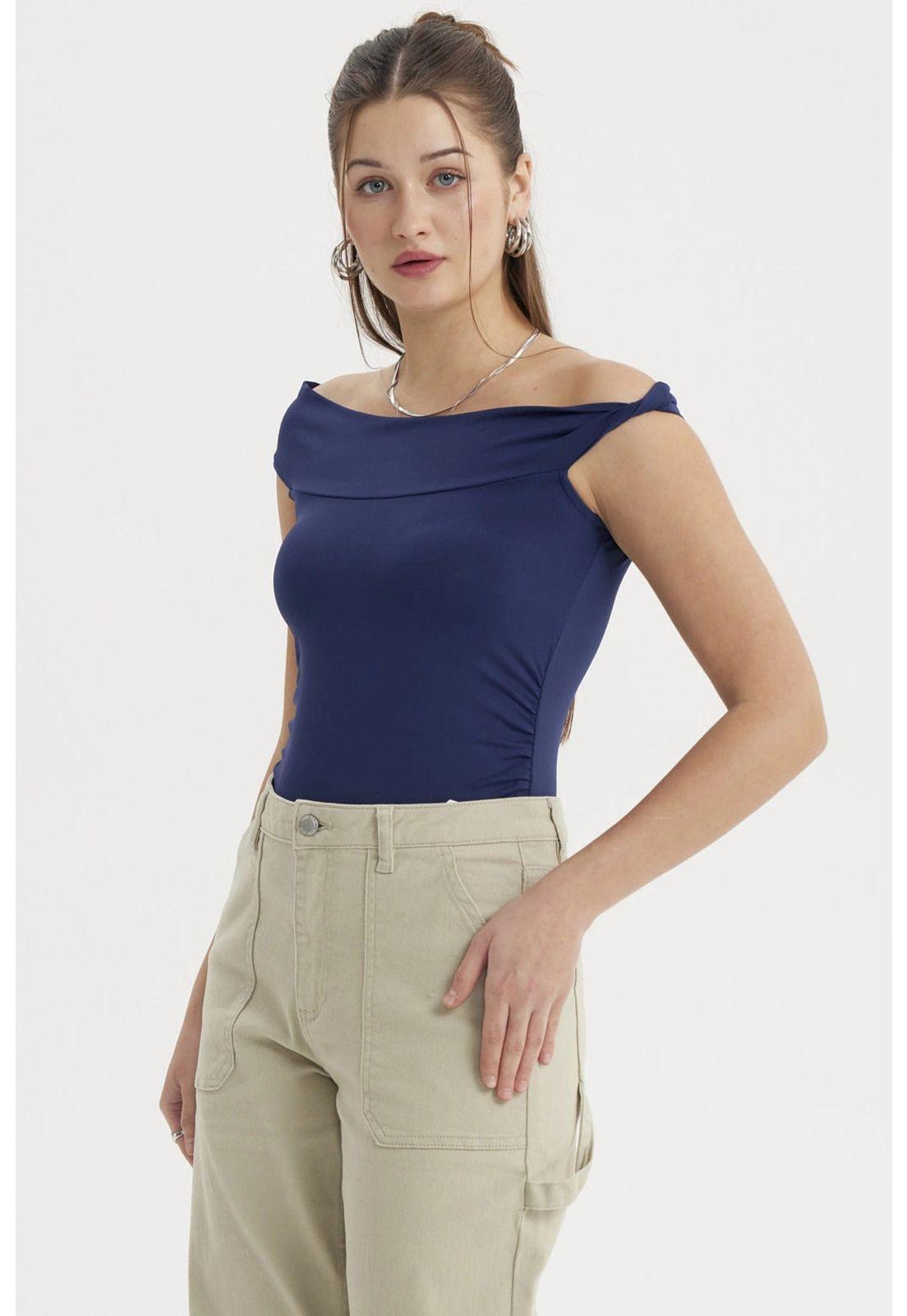 Polera Mujer Bardot Aplicación Nudo Azul Oscuro-1