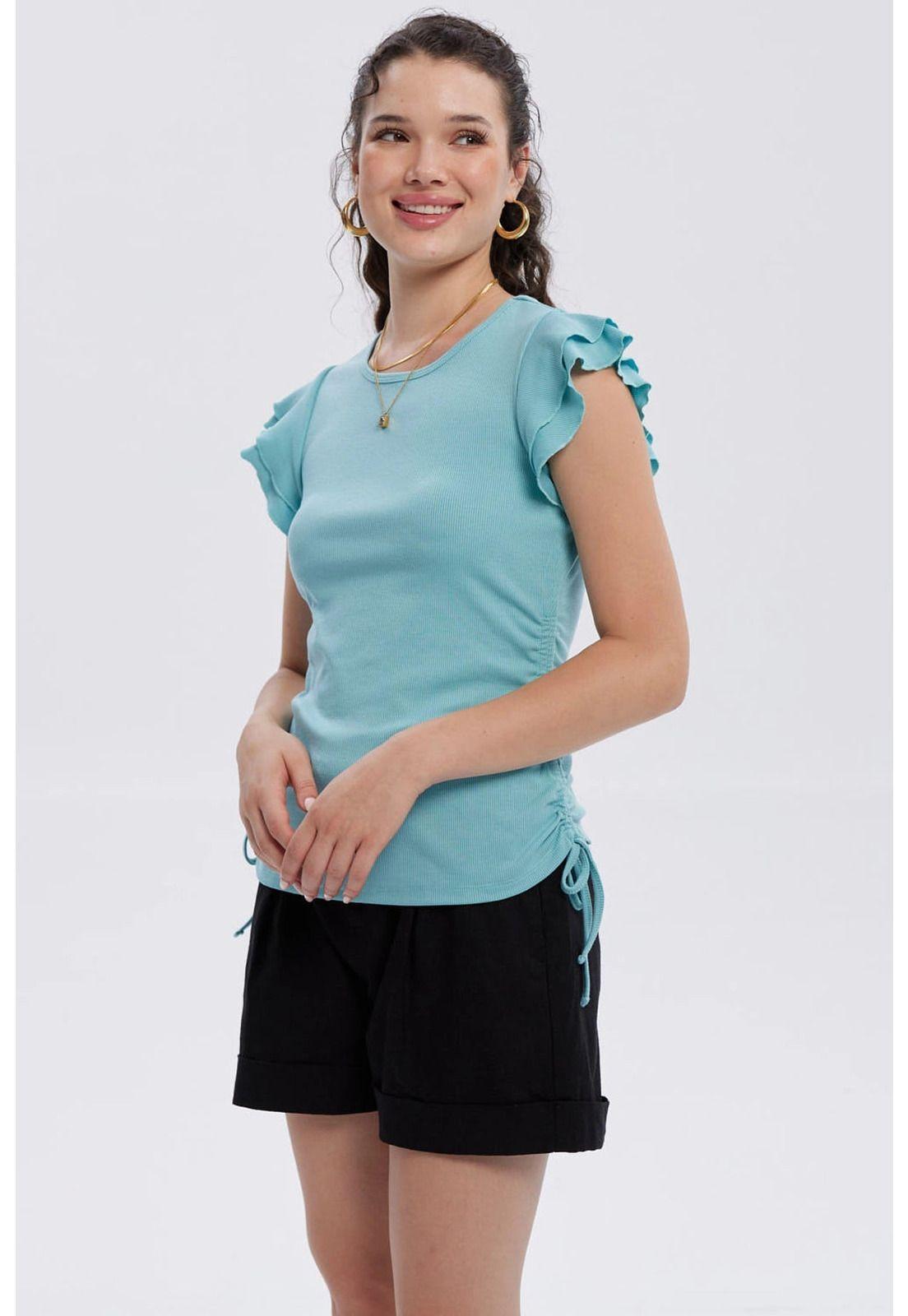 Polera Mujer Manga Vuelos Celeste-1