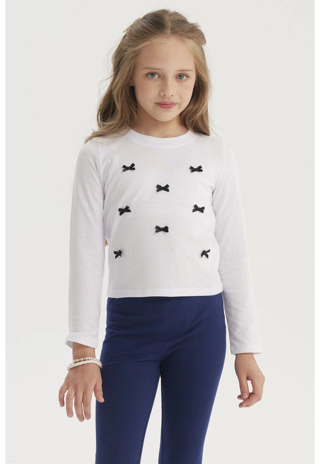 Polera Niña Aplicación Lazos Blanco-0