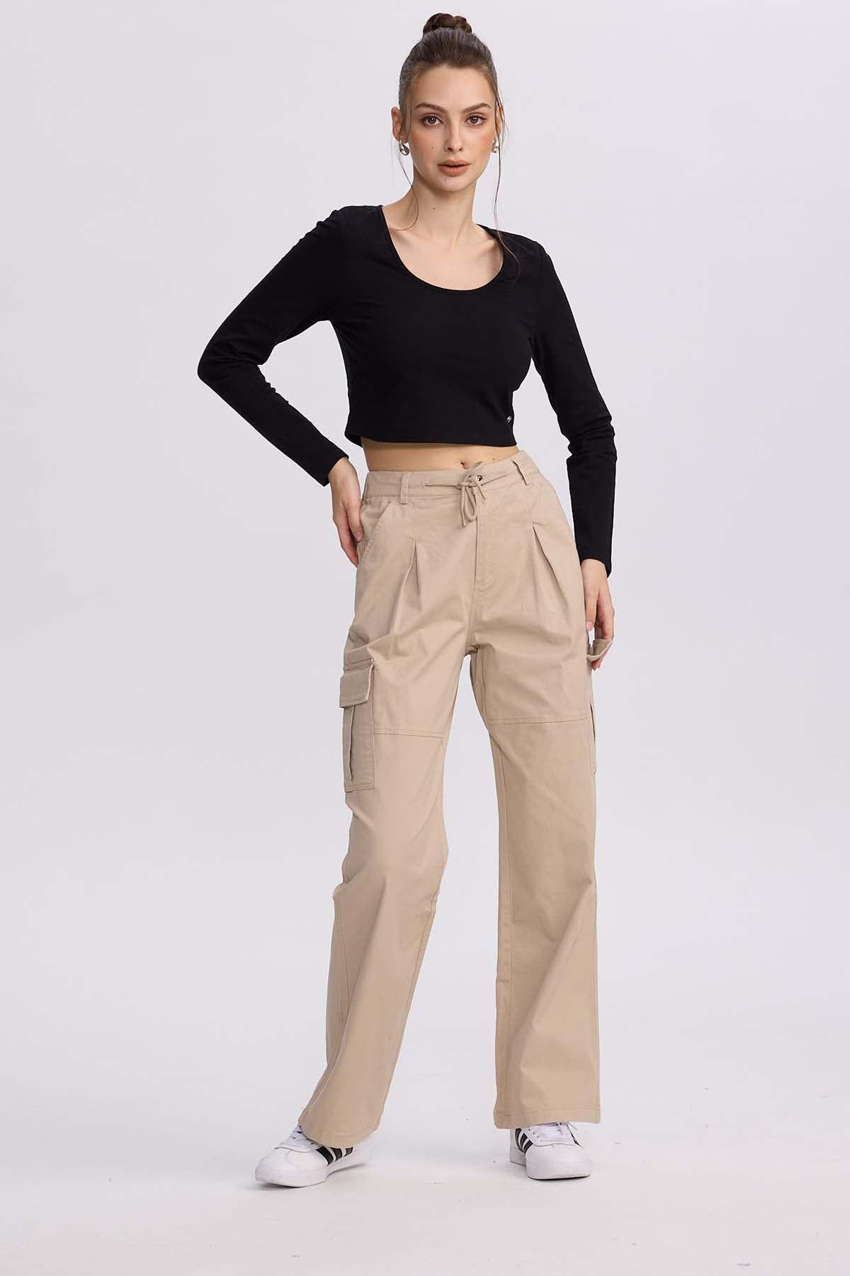 Pantalón Mujer Cargo Pinzas Beige-3