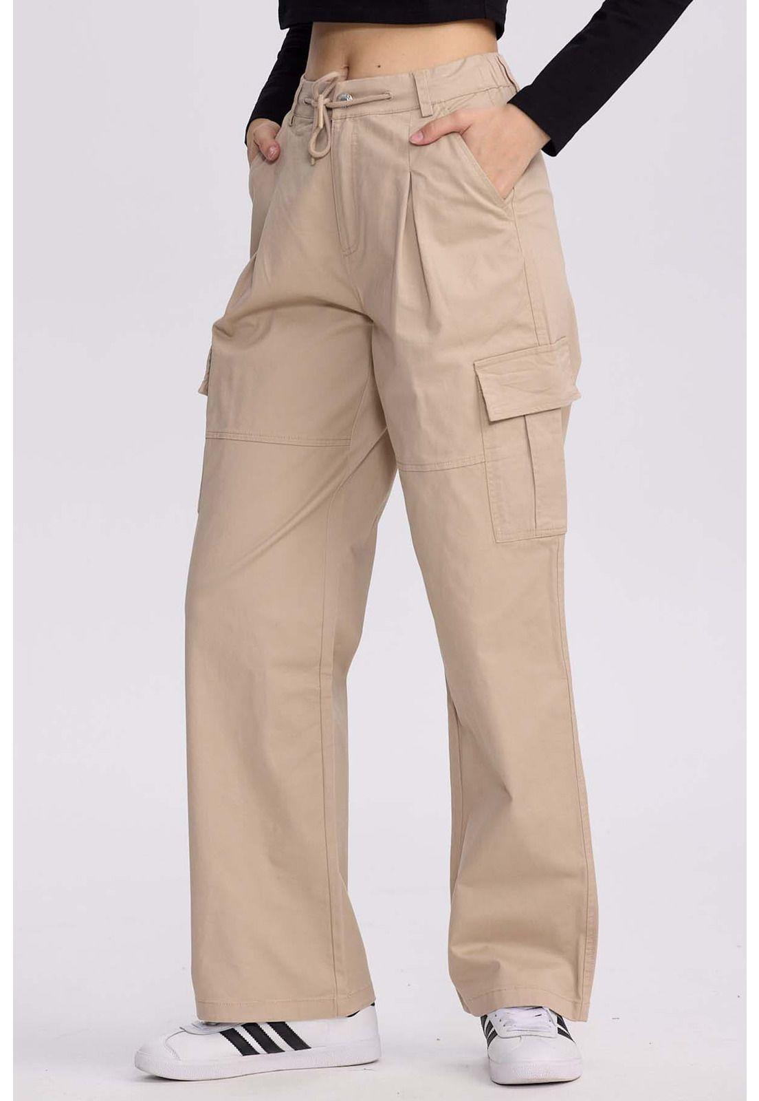 Pantalón Mujer Cargo Pinzas Beige-1