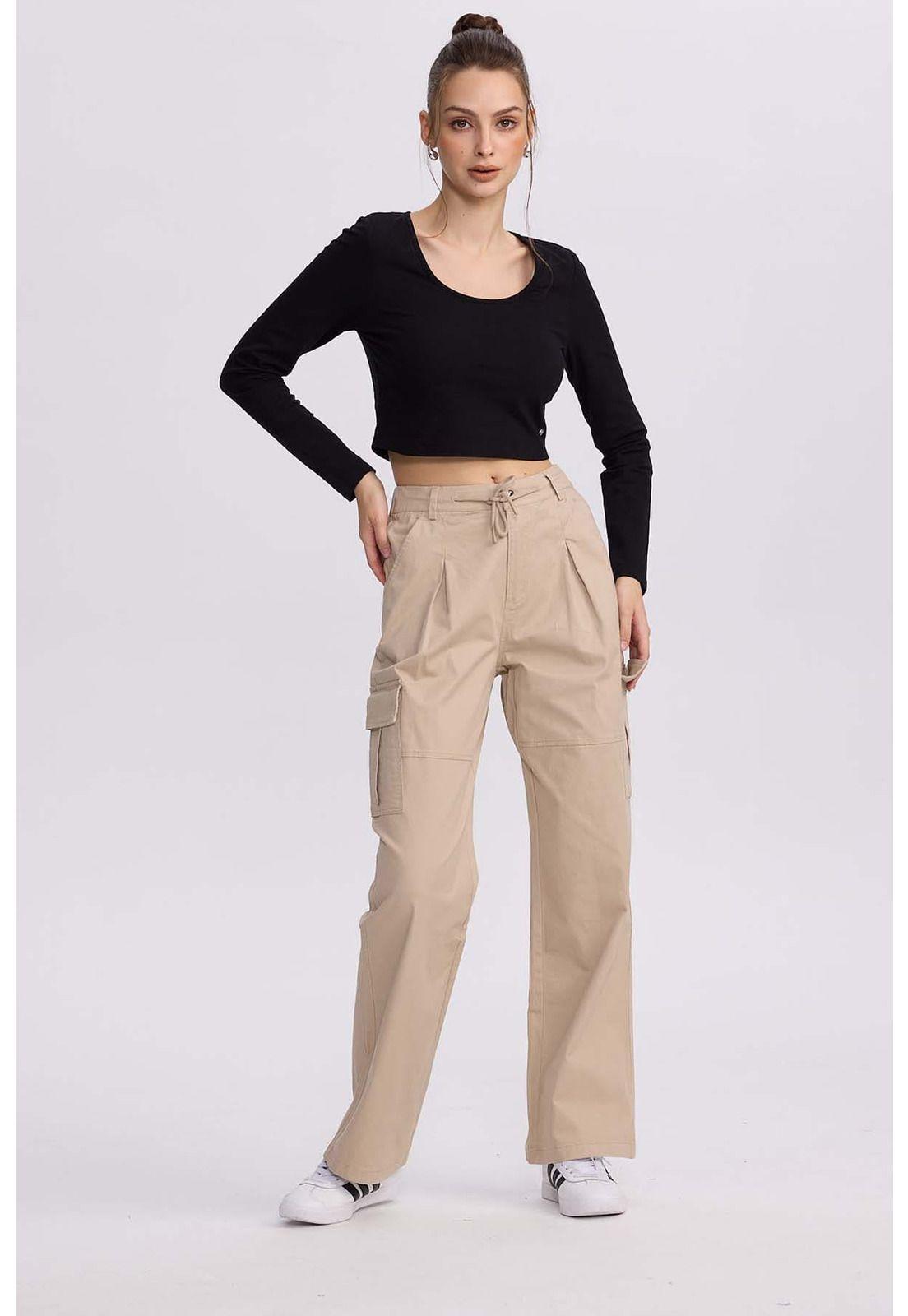 Pantalón Mujer Cargo Pinzas Beige-3