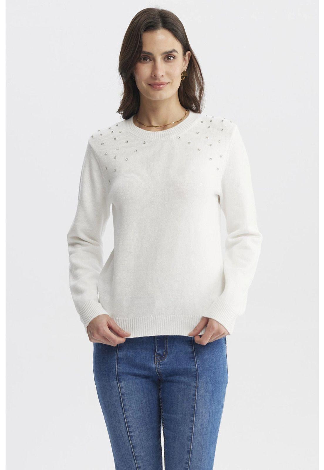 Sweater Mujer Cuello Strass Crudo-0