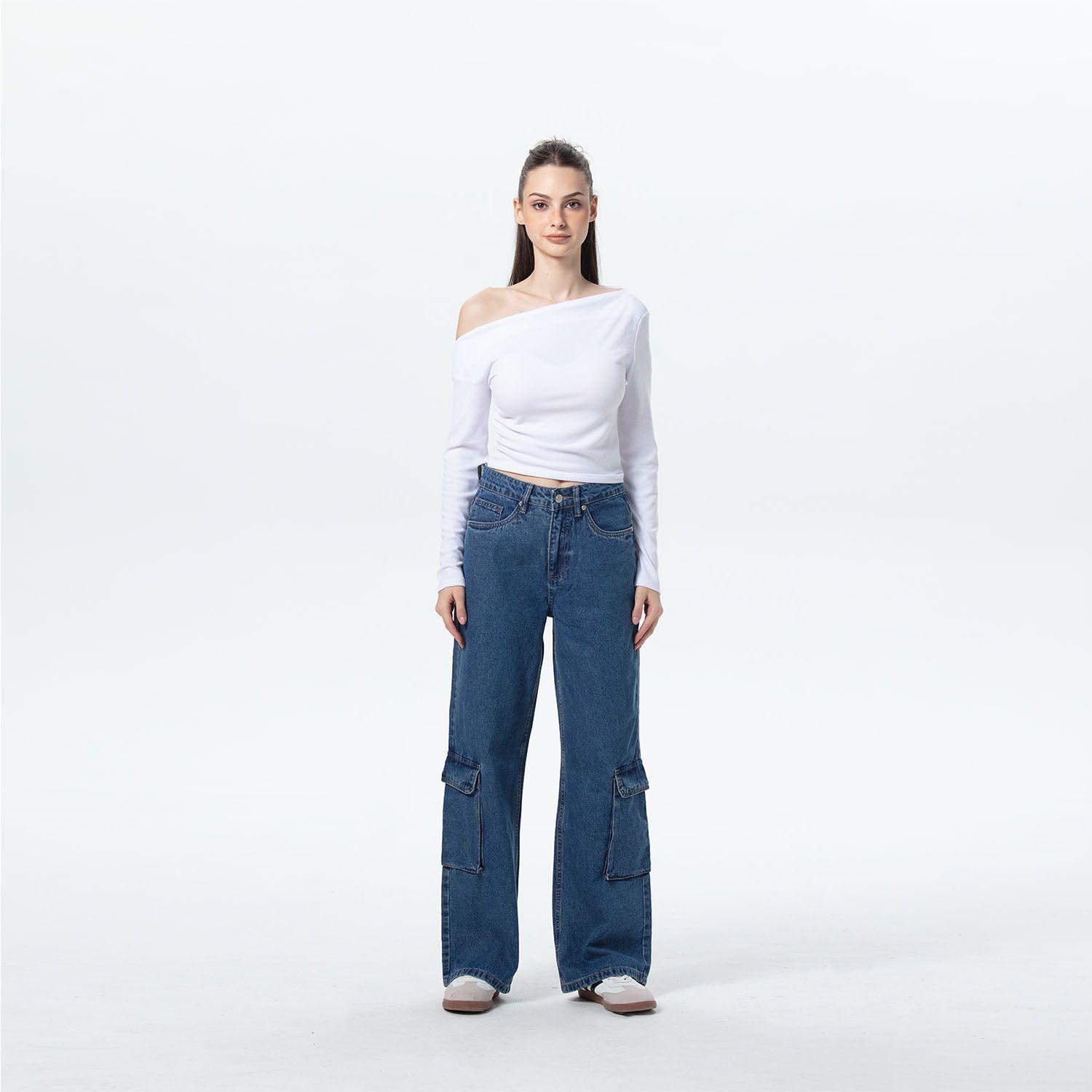 Jeans Mujer Wide Leg Cargo B Azul-3