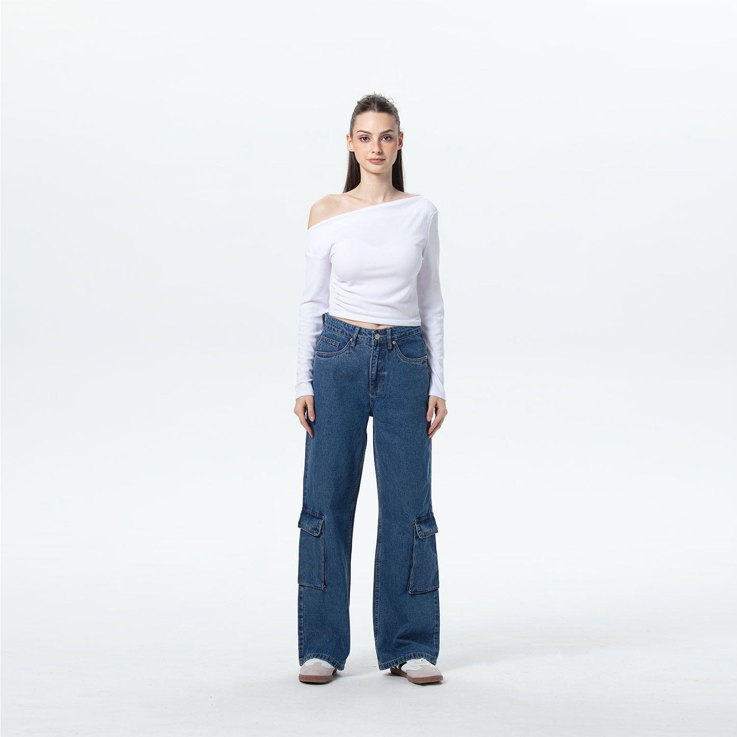 Jeans Mujer Wide Leg Cargo B Azul-3