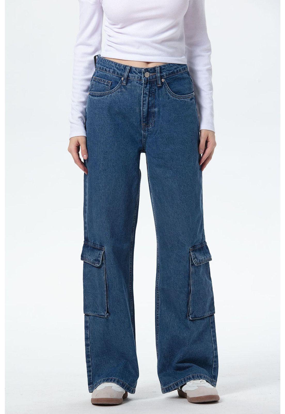 Jeans Mujer Wide Leg Cargo B Azul-0