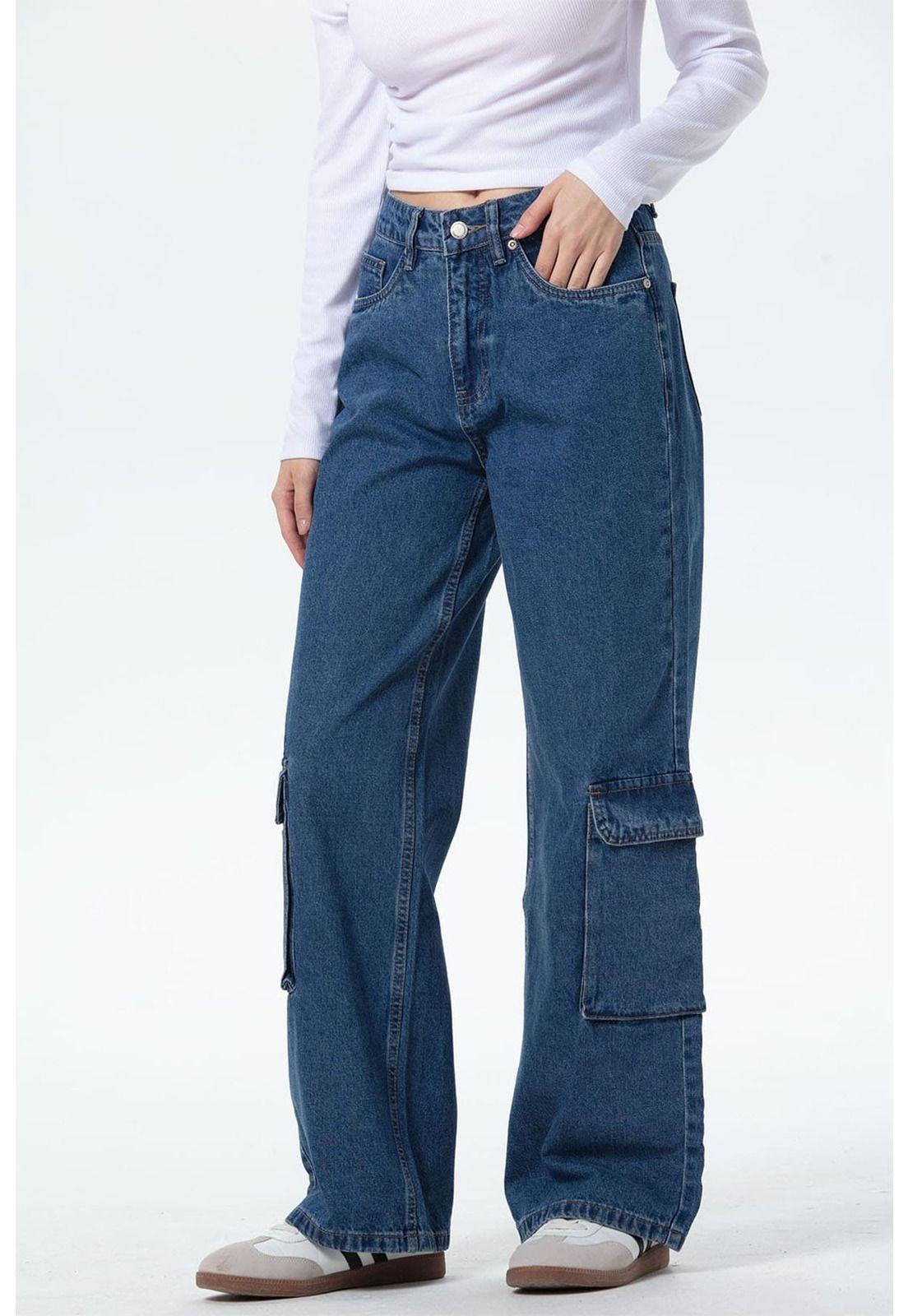Jeans Mujer Wide Leg Cargo B Azul-1