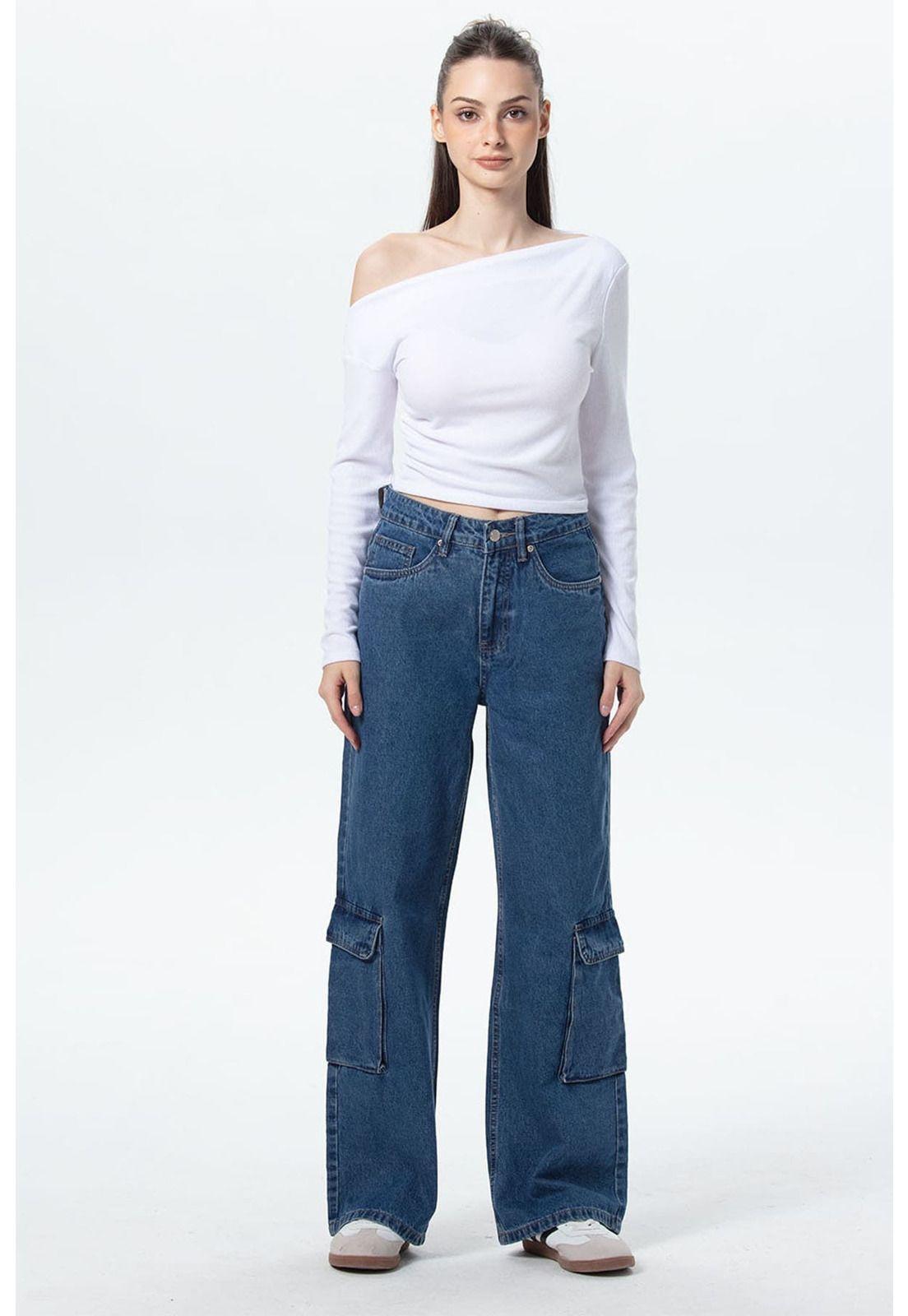 Jeans Mujer Wide Leg Cargo B Azul-3
