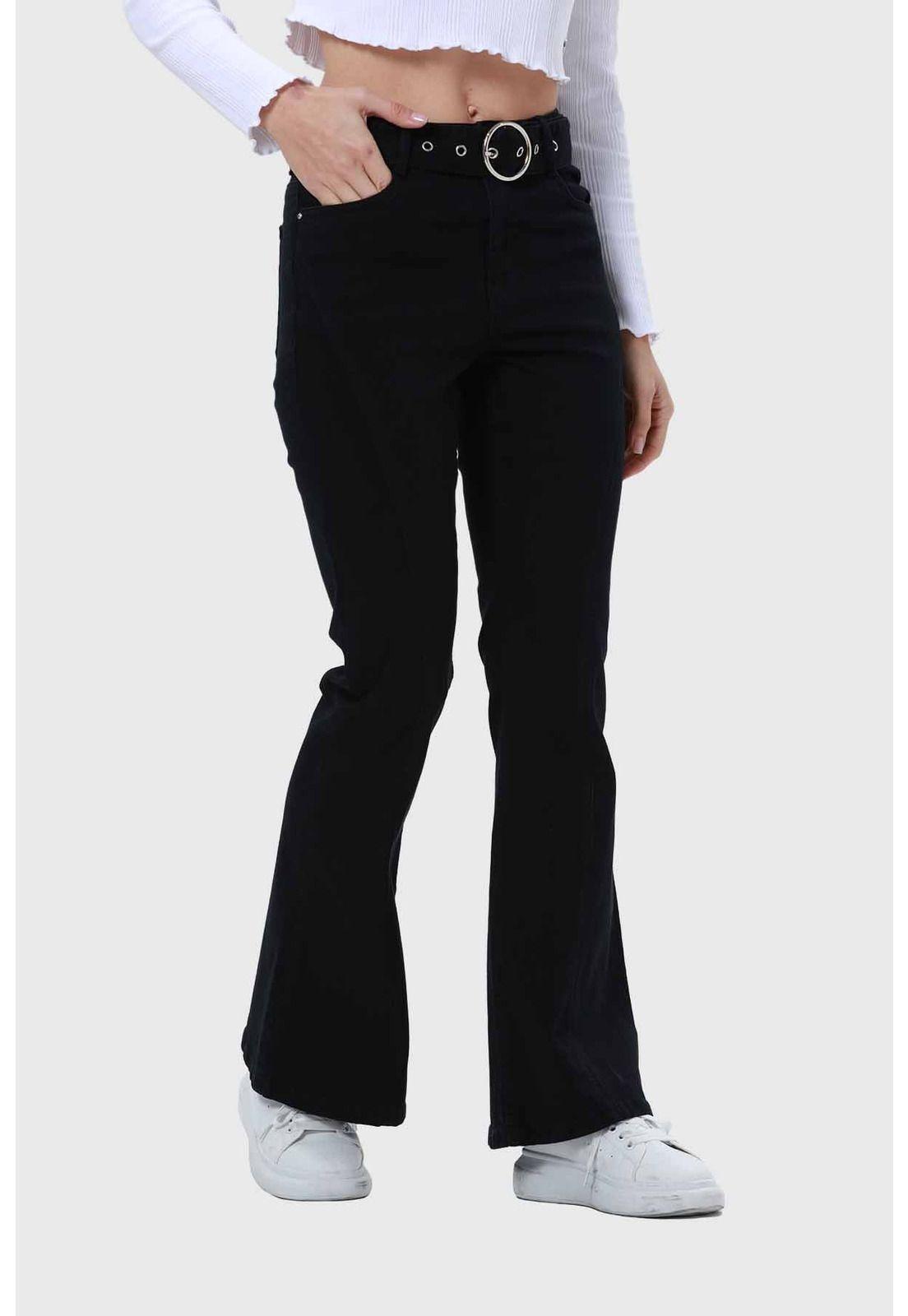 Jeans Mujer Flare Línea Curva Negro-1