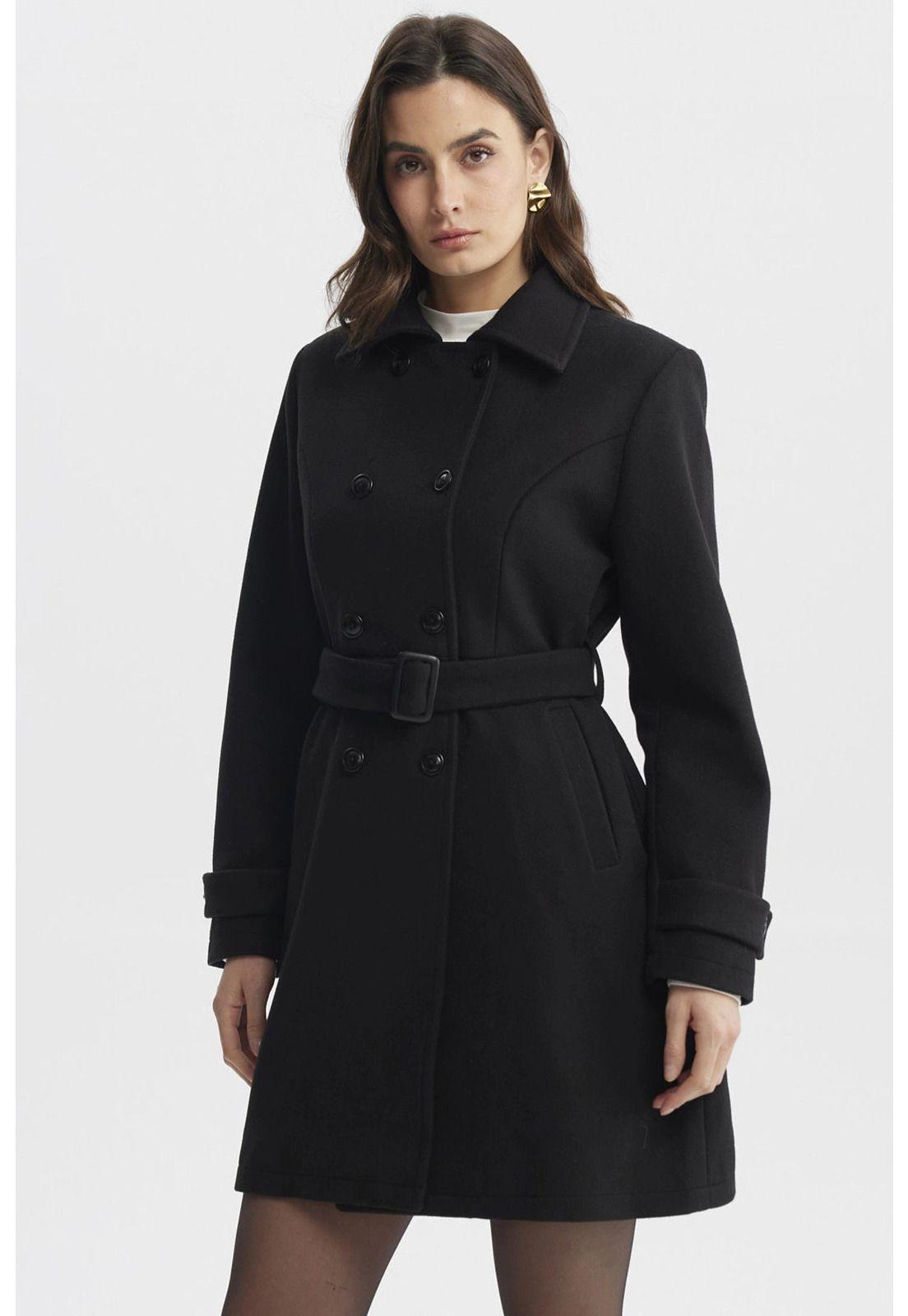 Abrigo Mujer Slim Cuello Camisero Negro - lll-0