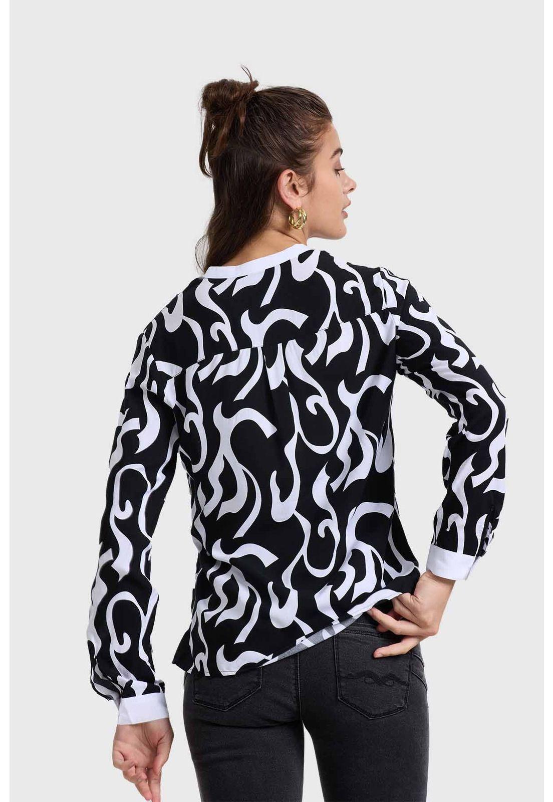 Blusa Mujer Escote V Print Negro-2