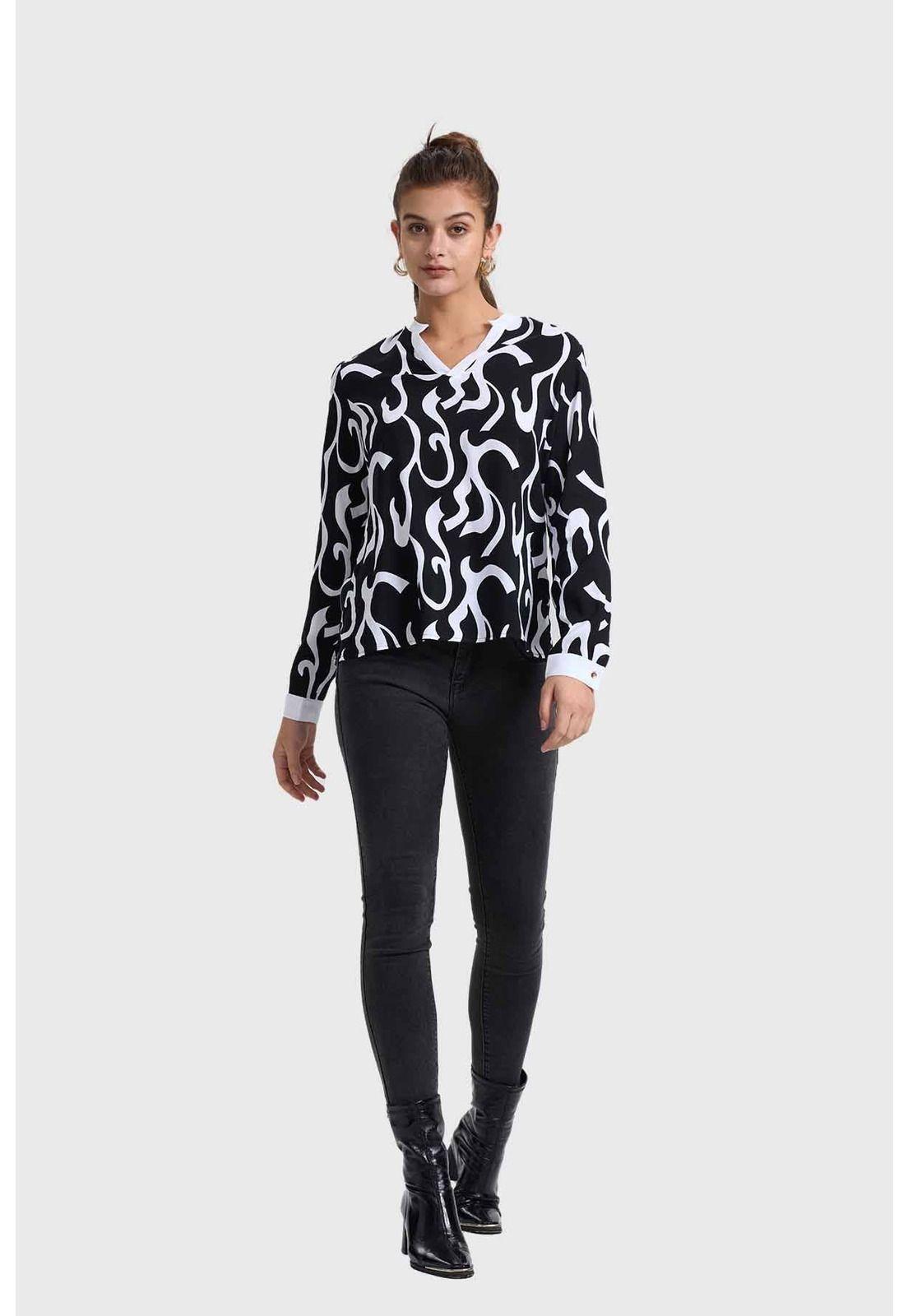 Blusa Mujer Escote V Print Negro-3