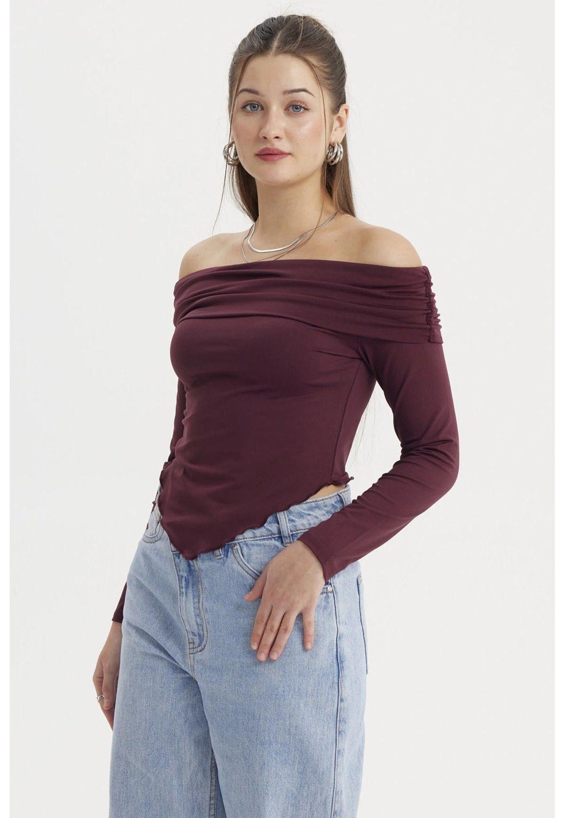 Polera Mujer Sin Hombros Burdeo-1