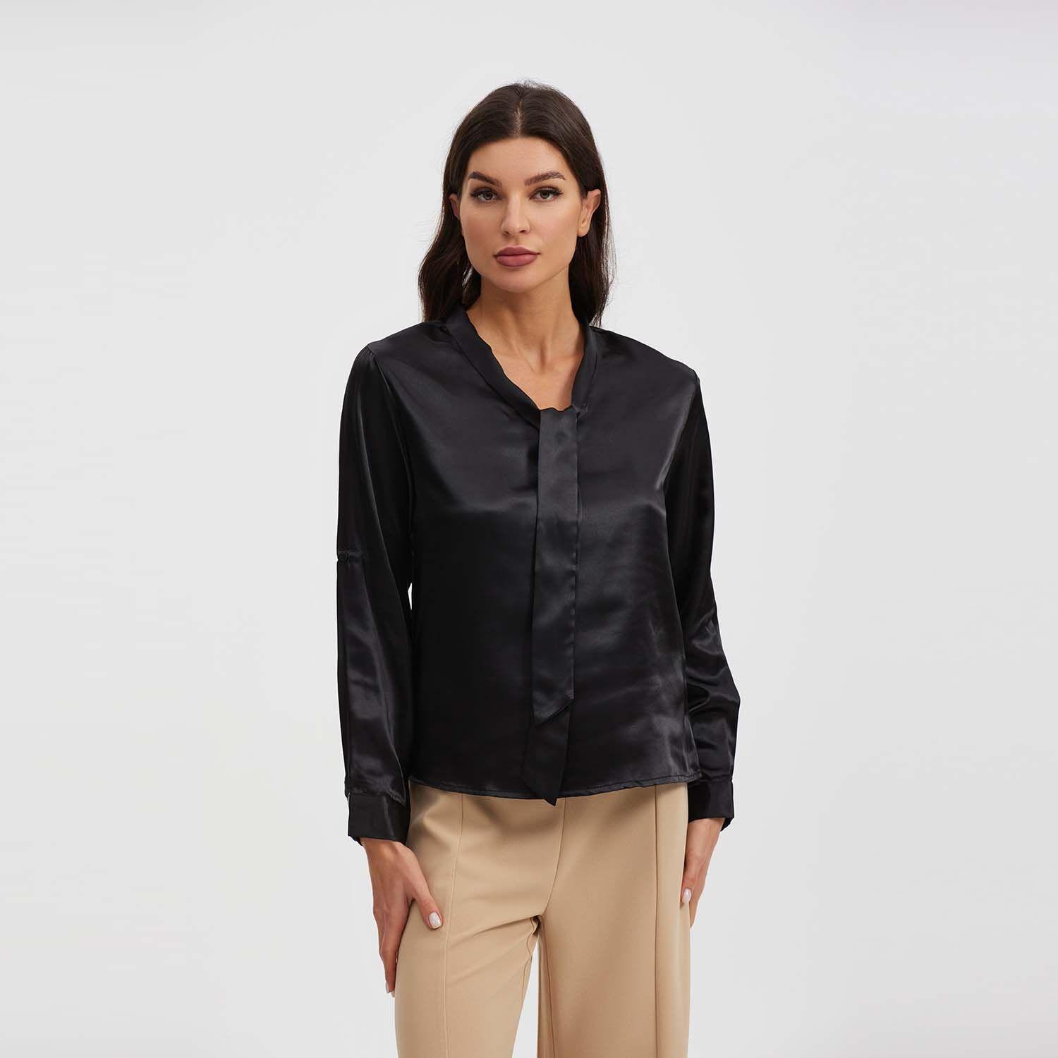 Blusa Aplicación Lazo Manga Negro Mujer-0