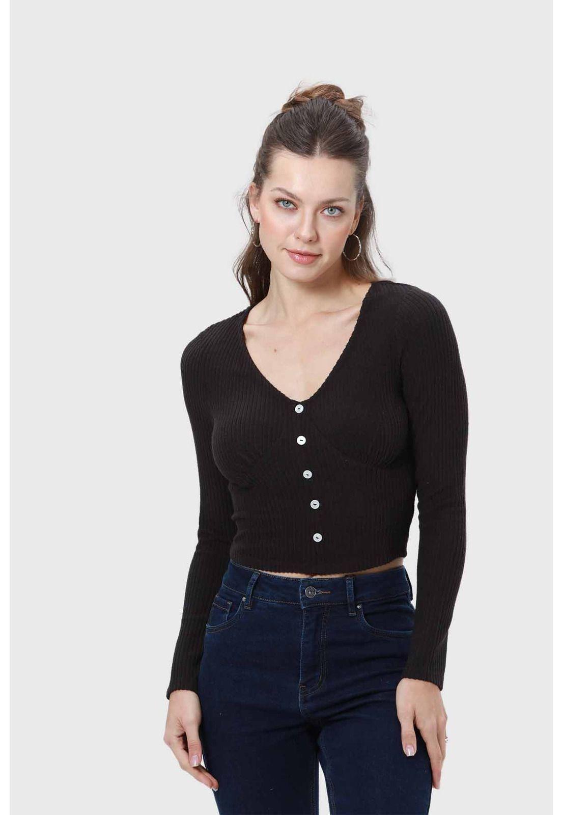 Polera Mujer Escote Botones Negro-0