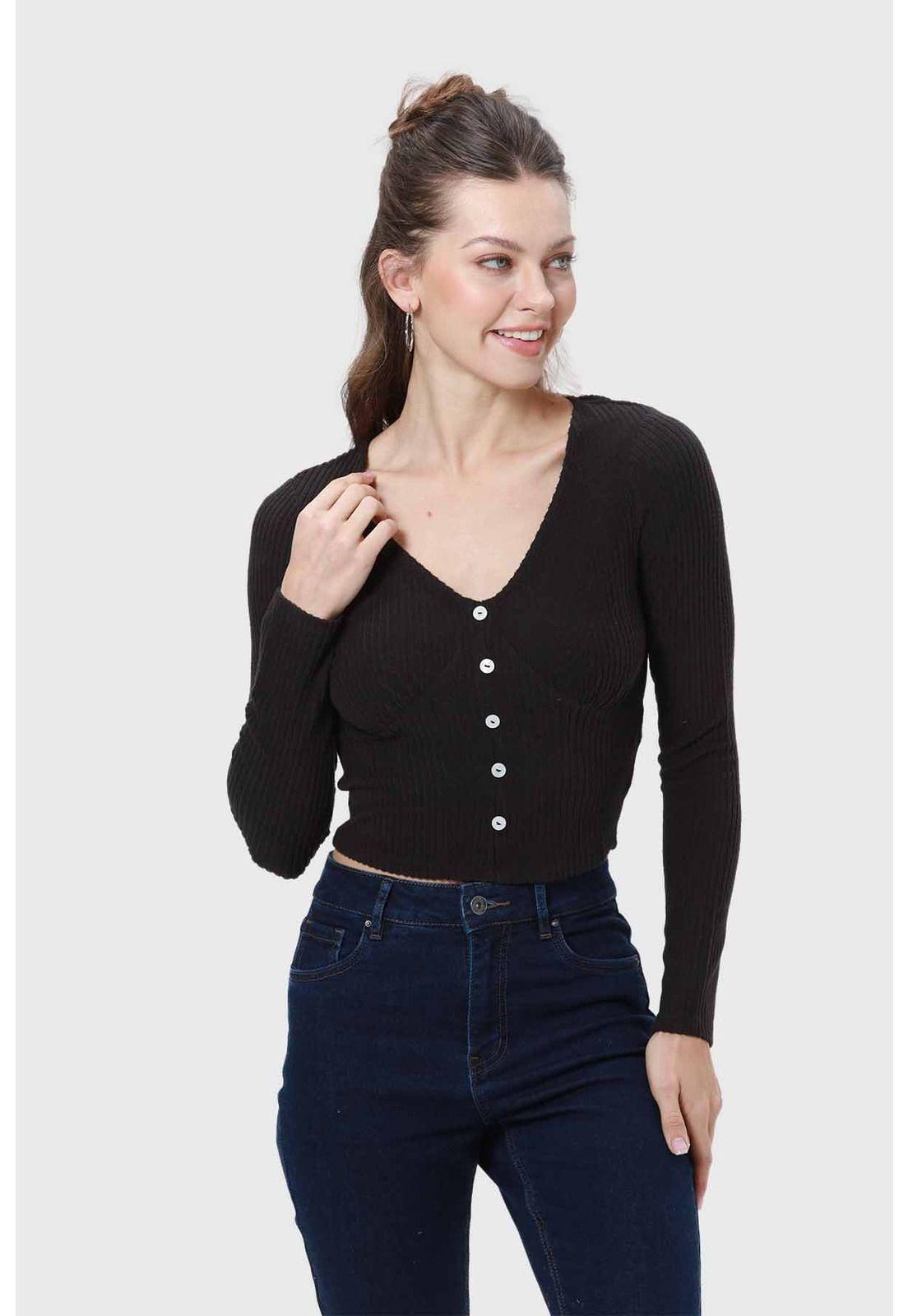 Polera Mujer Escote Botones Negro-1