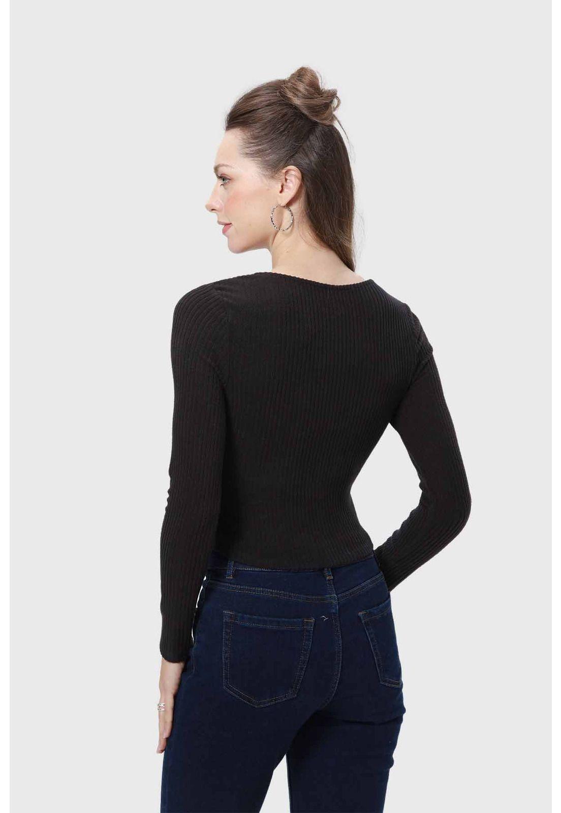 Polera Mujer Escote Botones Negro-2