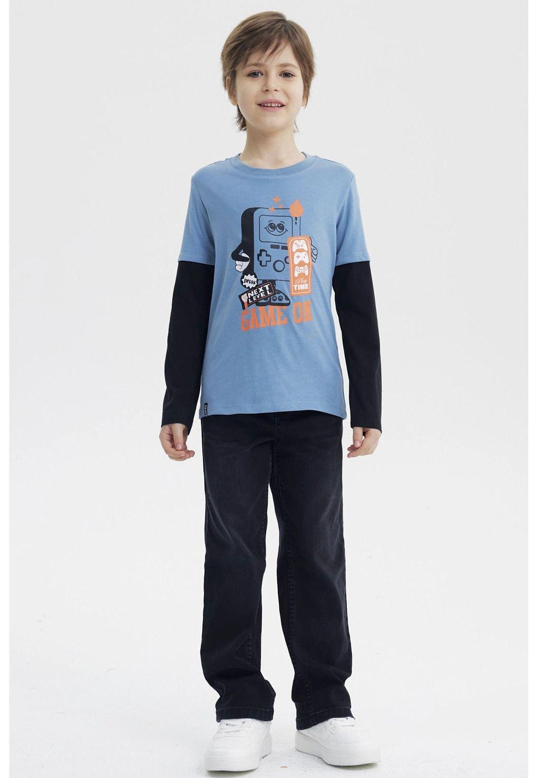 Polera Niño Básica Print Azul Piedra-3