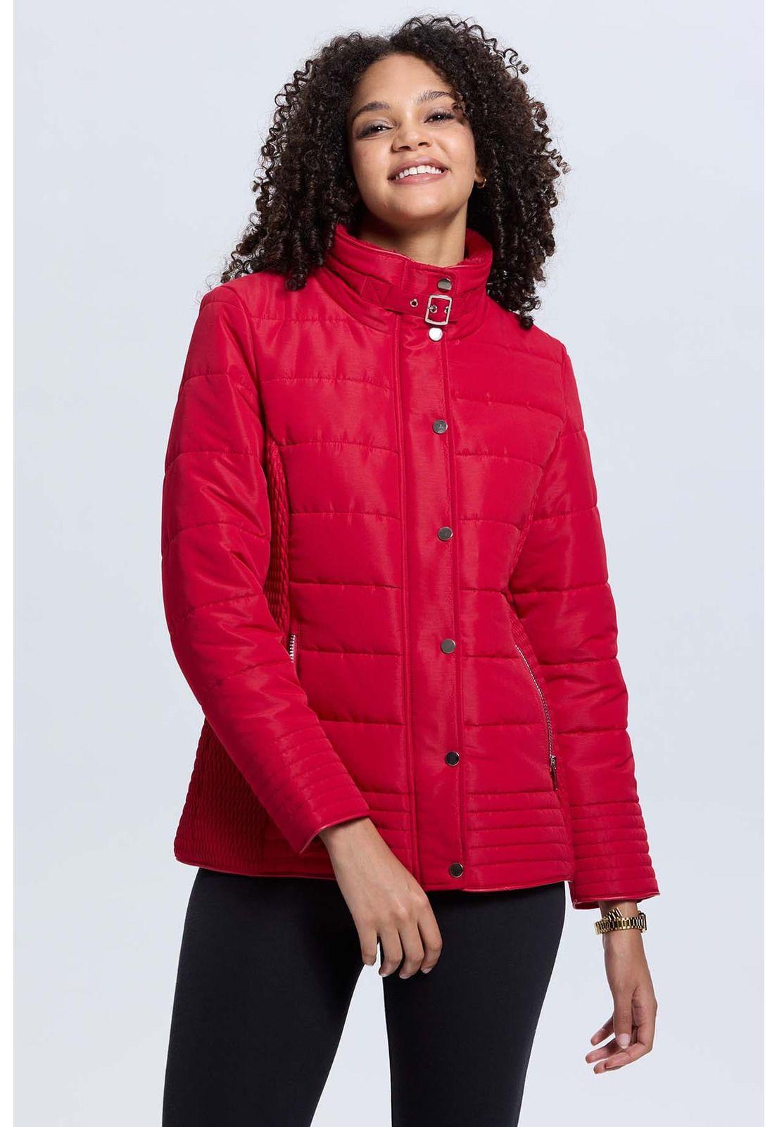 Parka Mujer Aplicación Hebilla Corta Rojo-0