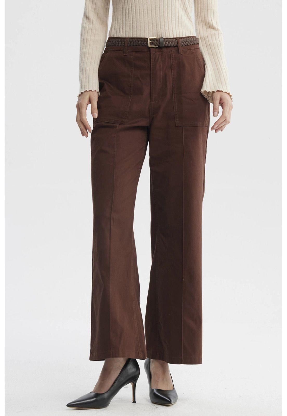 Pantalón Mujer Gabardina Con Cinturón Café Claro-0