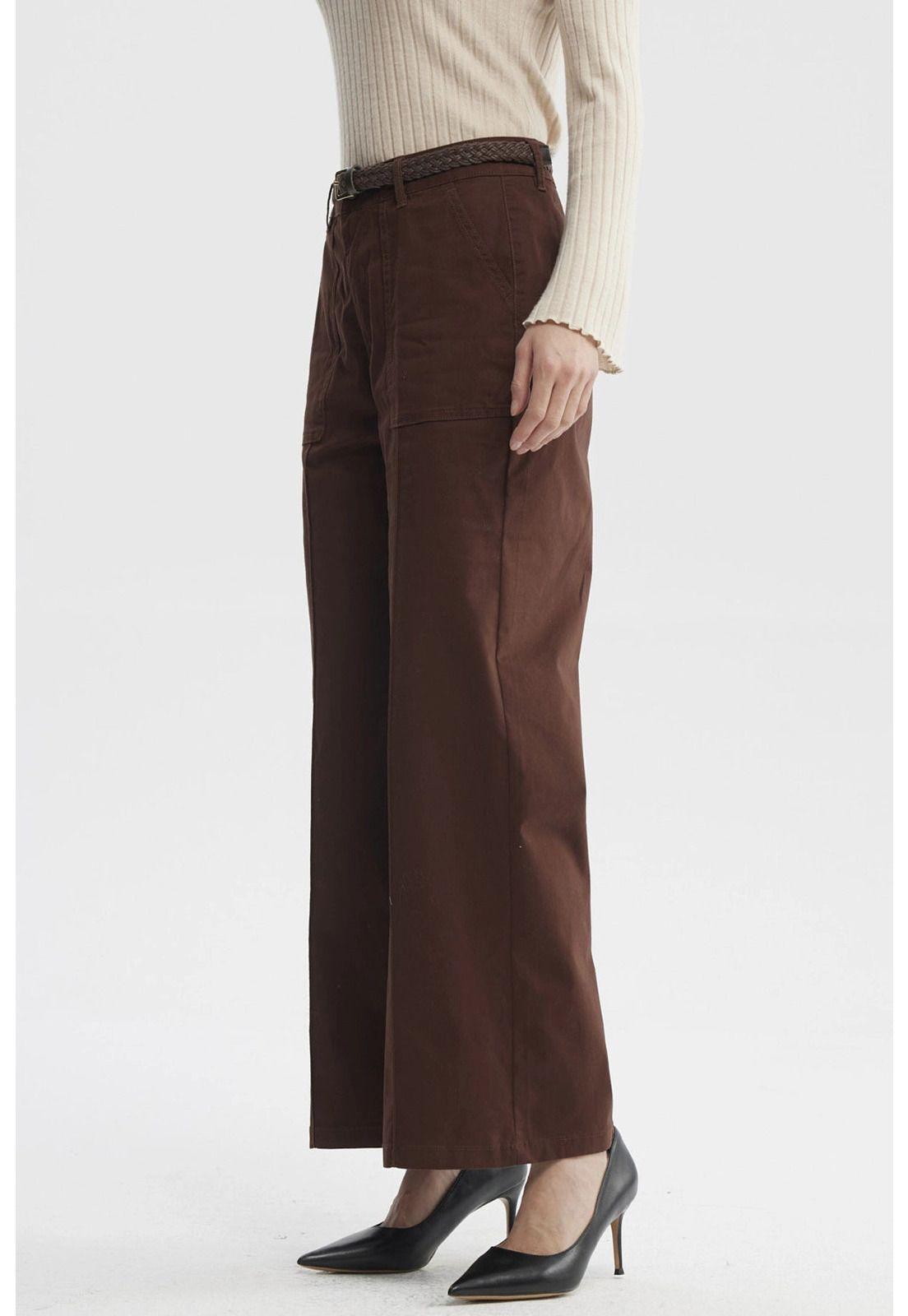 Pantalón Mujer Gabardina Con Cinturón Café Claro-1