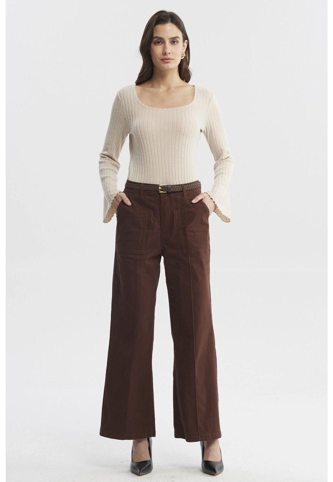 Pantalón Mujer Gabardina Con Cinturón Café Claro-3