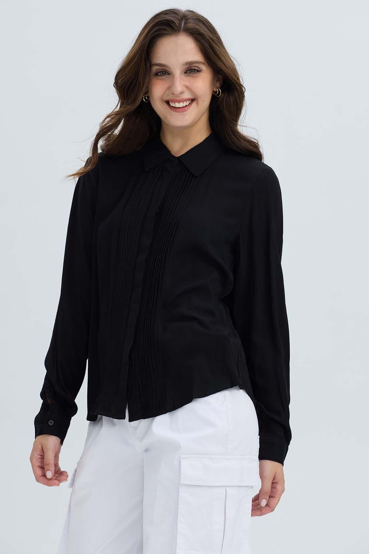 Blusa Mujer Abotonada Pliegues Negro-0