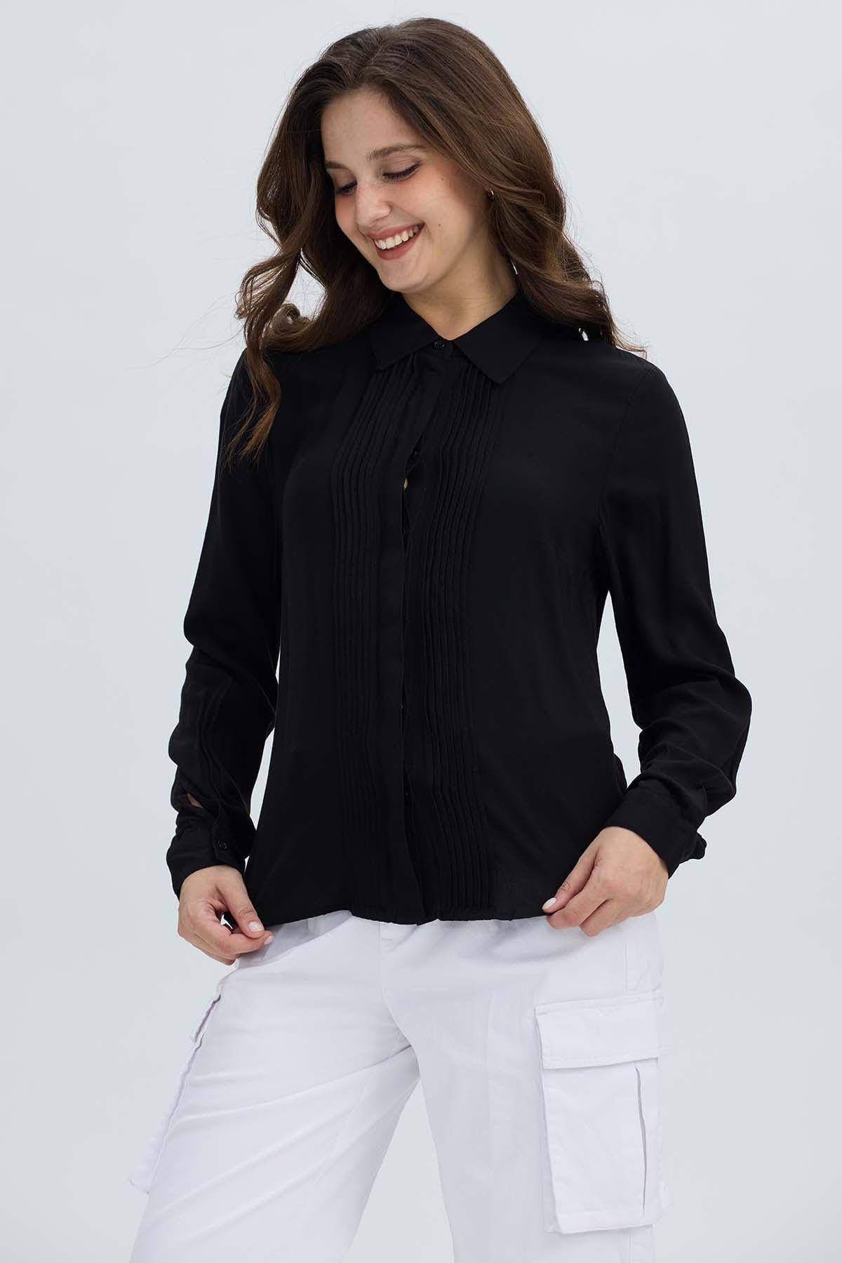 Blusa Mujer Abotonada Pliegues Negro-1