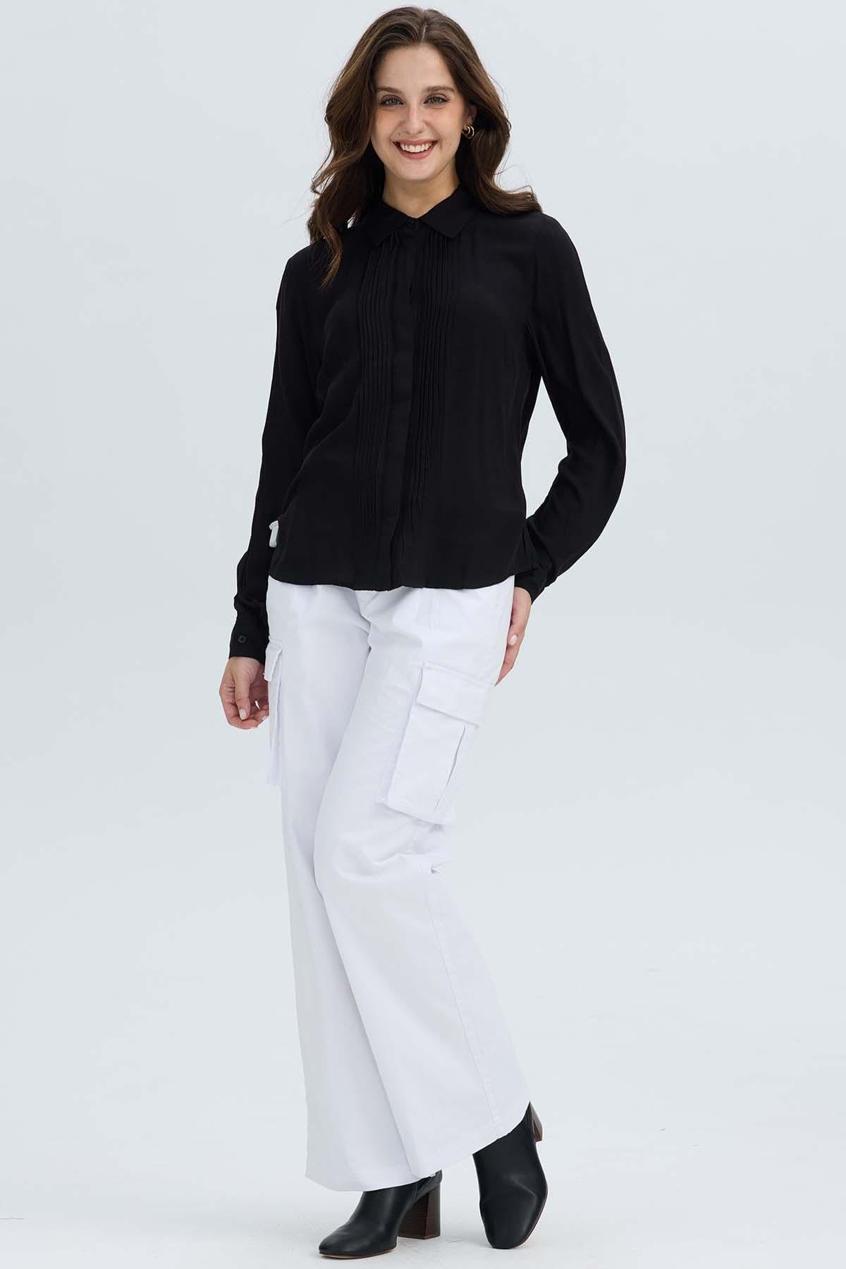 Blusa Mujer Abotonada Pliegues Negro-3