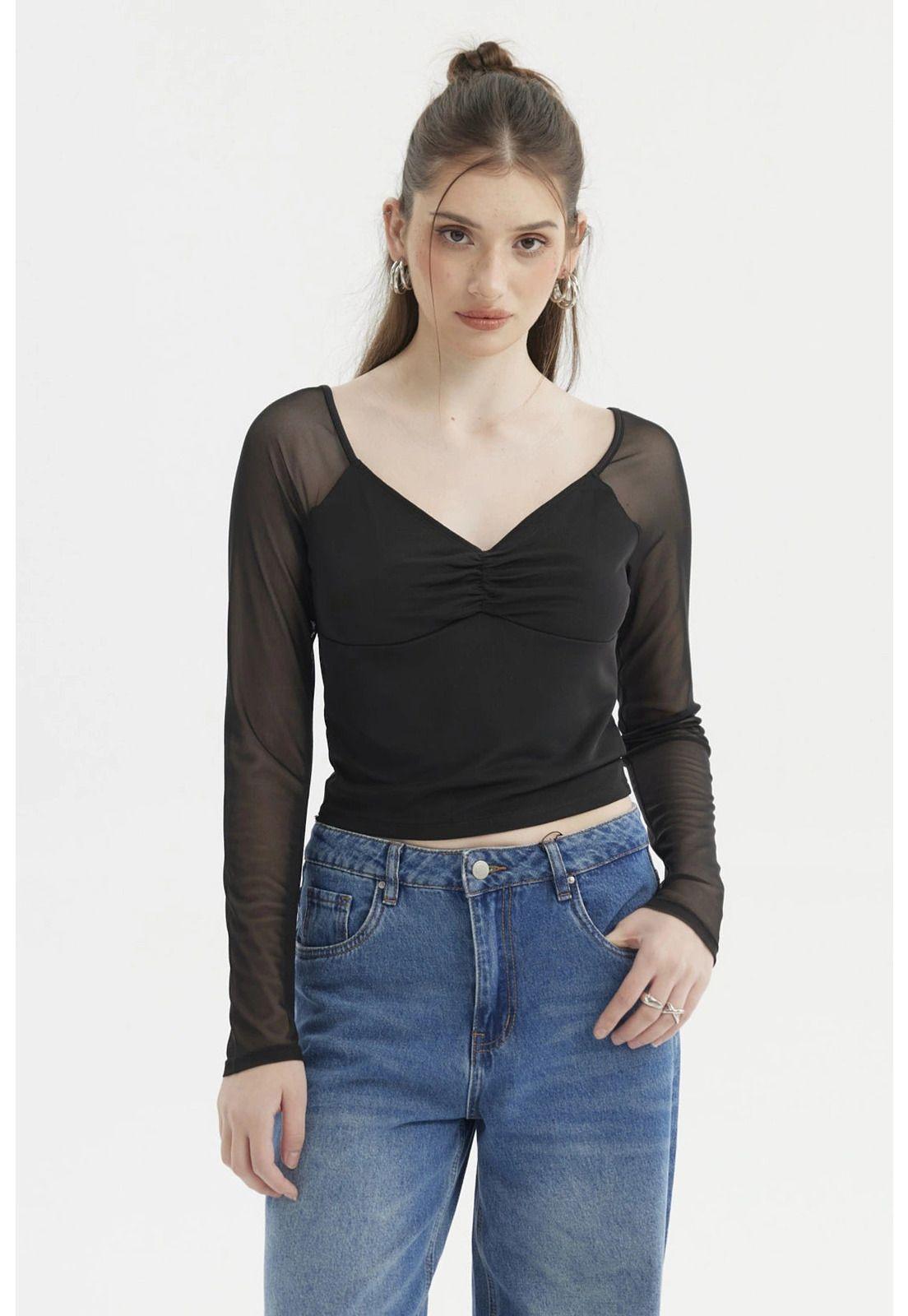 Polera Mujer Escote Recogido Negro-0
