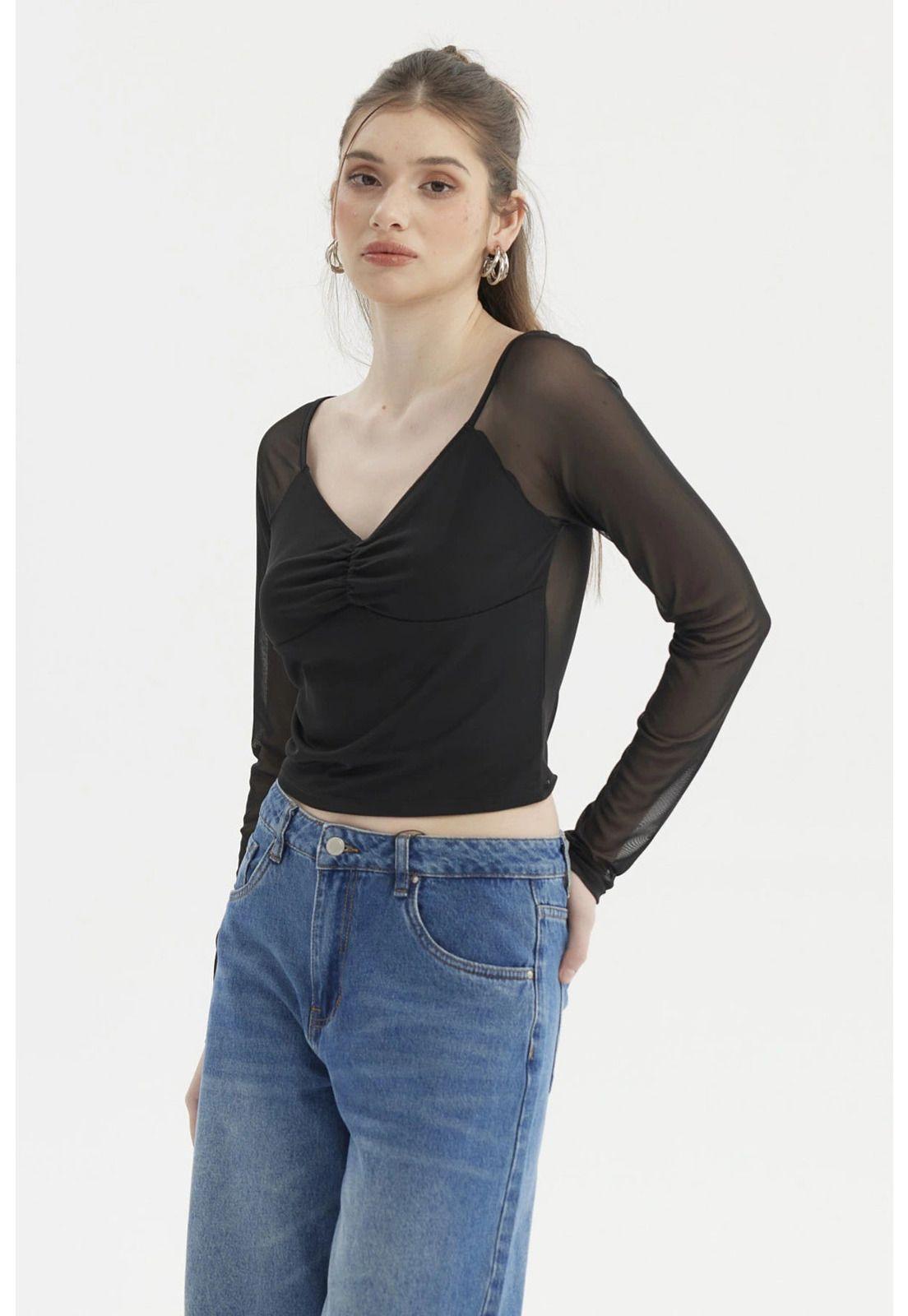 Polera Mujer Escote Recogido Negro-1