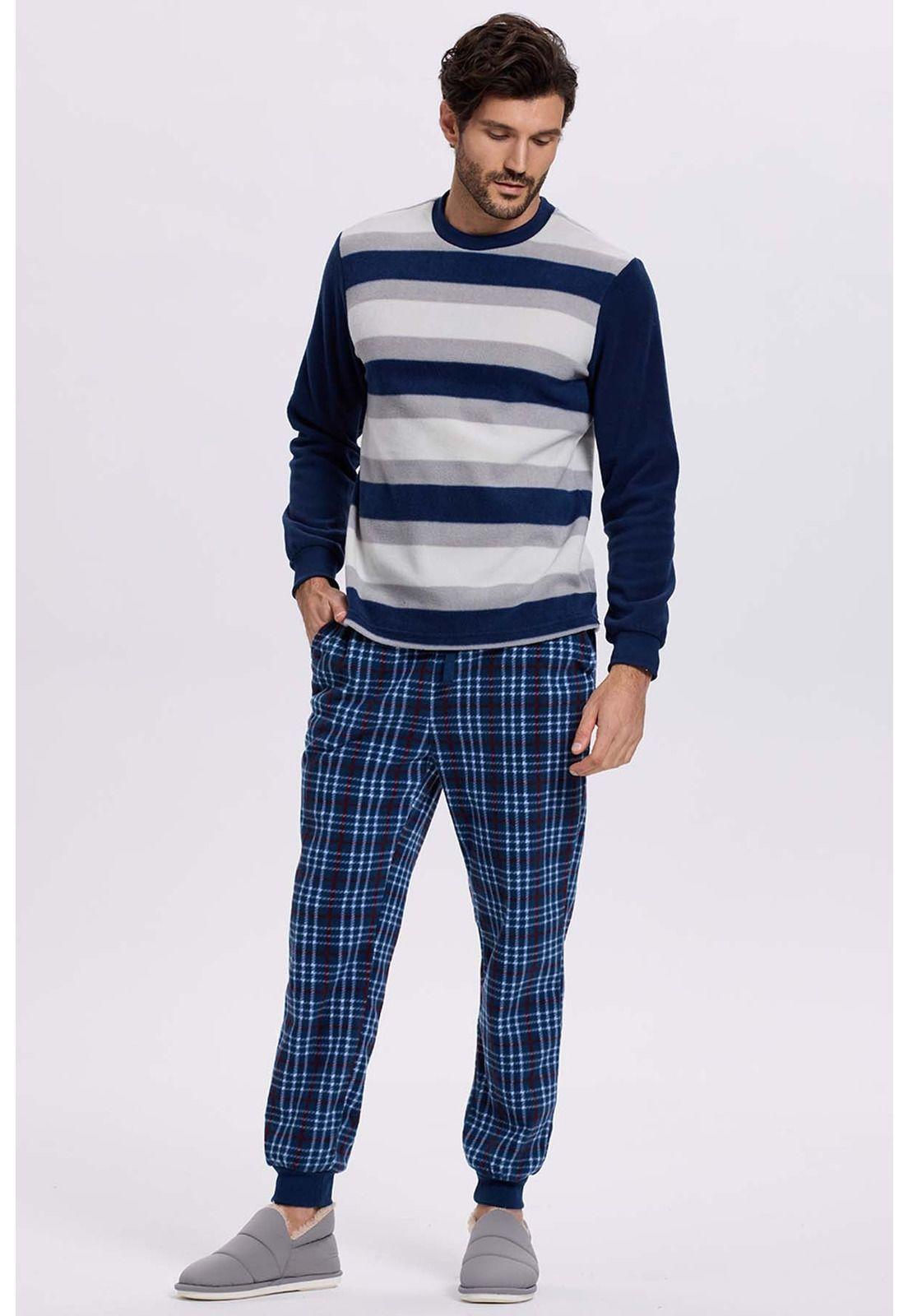 Pijama Hombre Polar Rayas Azul-1